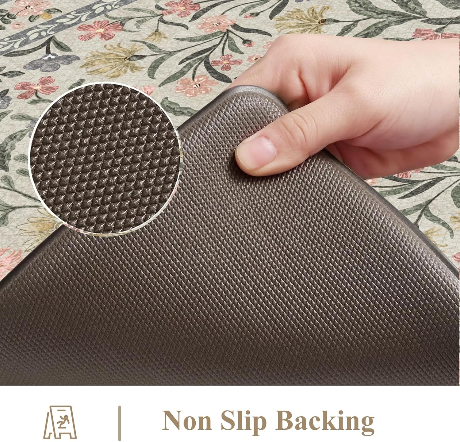 Beige Floral 2-Piece Anti Fatigue Kitchen Mat Set