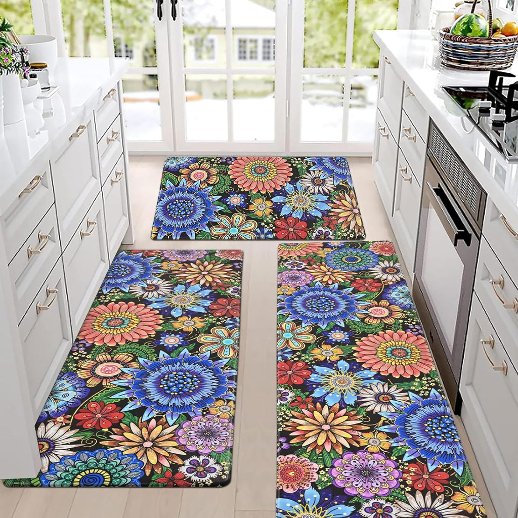 Boho Floral 3-Piece Anti Fatigue Kitchen Rug Set
