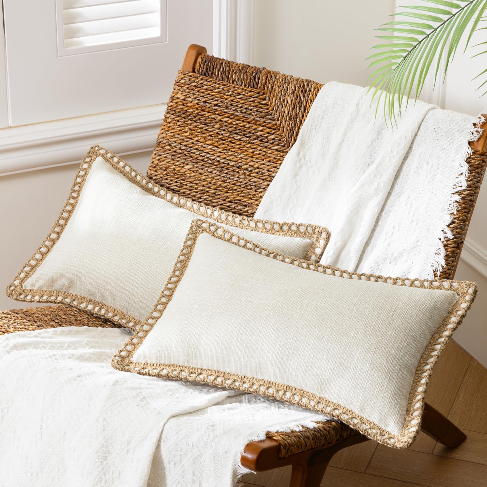 Phantoscope Pack of 2 Farmhouse Decorative Solid Pillow Cover Burlap Linen Trimmed Tailored Edges, Black, 24 x 24 inches, 60 x 60 cm