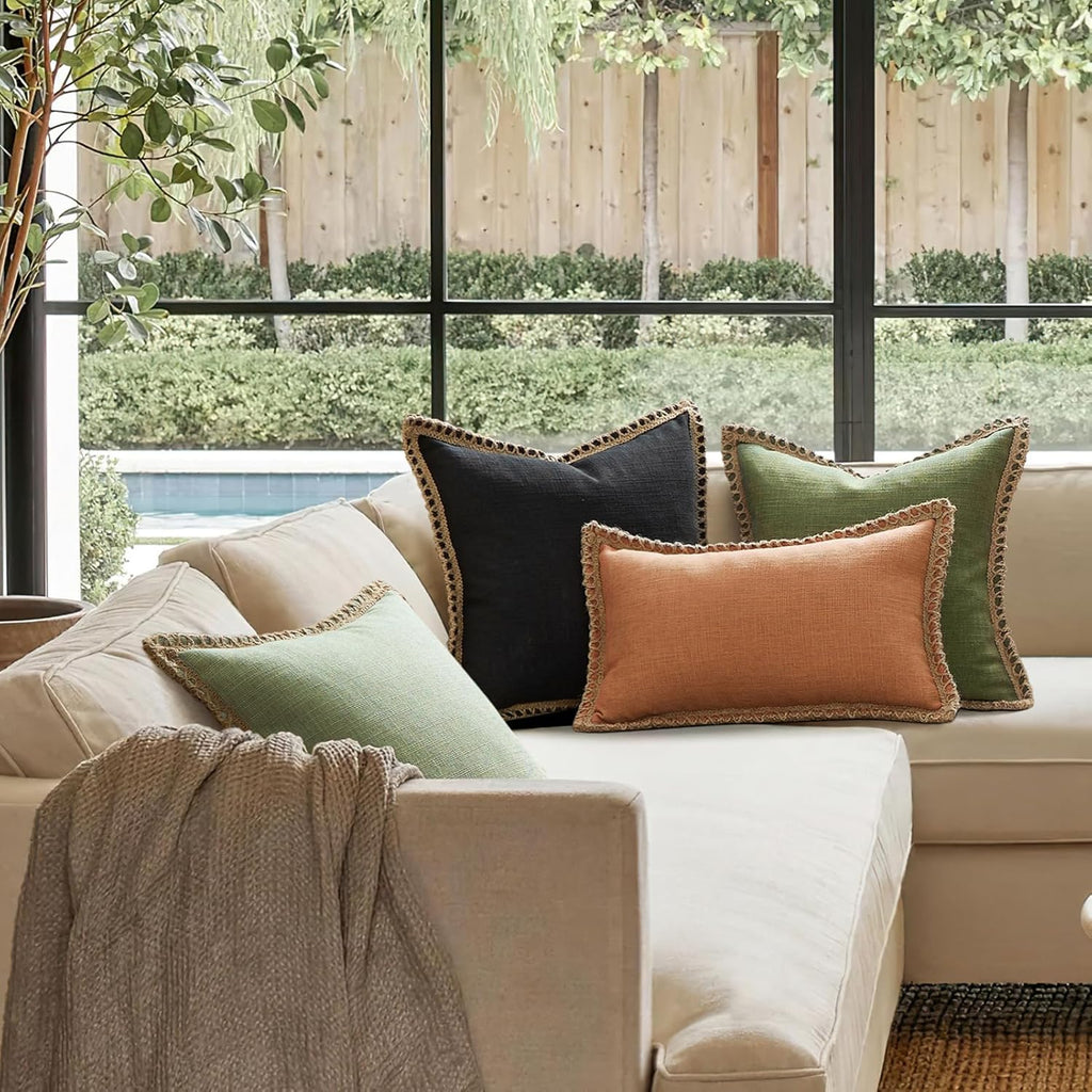 Phantoscope Pack of 2 Farmhouse Decorative Solid Pillow Cover Burlap Linen Trimmed Tailored Edges, Black, 24 x 24 inches, 60 x 60 cm