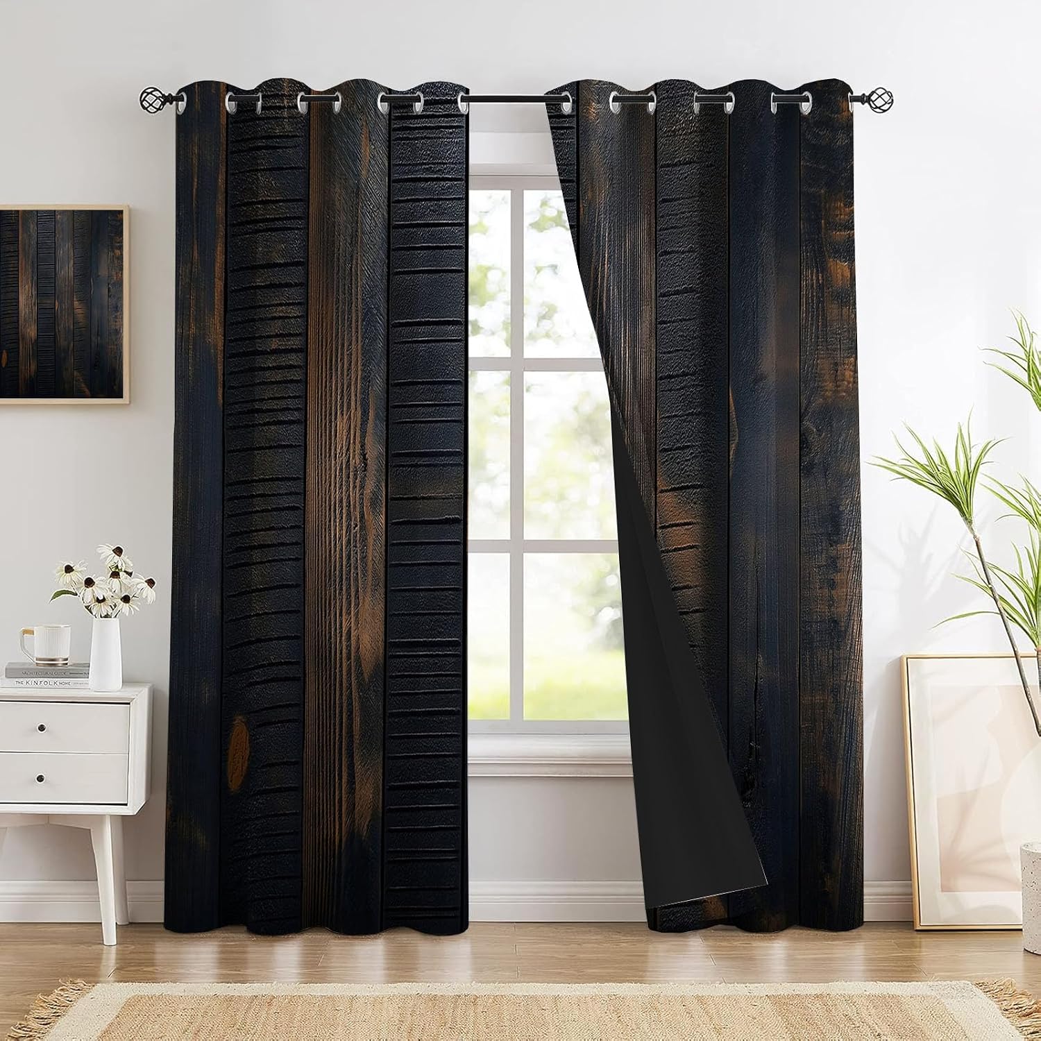 Rust Brown Vintage Wood Grain Wall Blackout Curtains, Country Industrial Style Grommet Window Drapes with Privacy Thermal Insulated Decor for Living Room Bedroom Office, 52 X 63 Inch, 2 Panels