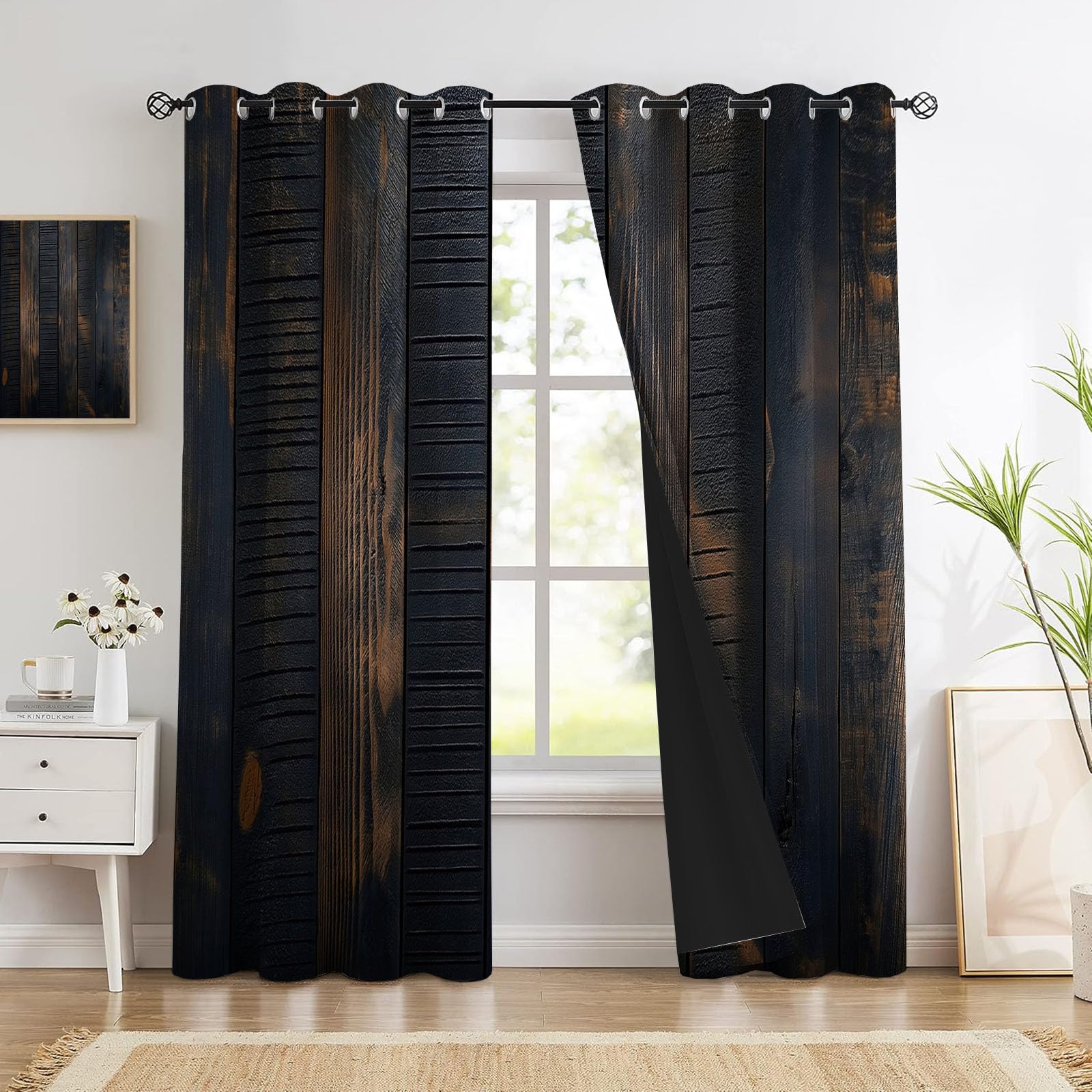 Rust Brown Vintage Wood Grain Wall Blackout Curtains, Country Industrial Style Grommet Window Drapes with Privacy Thermal Insulated Decor for Living Room Bedroom Office, 52 X 63 Inch, 2 Panels