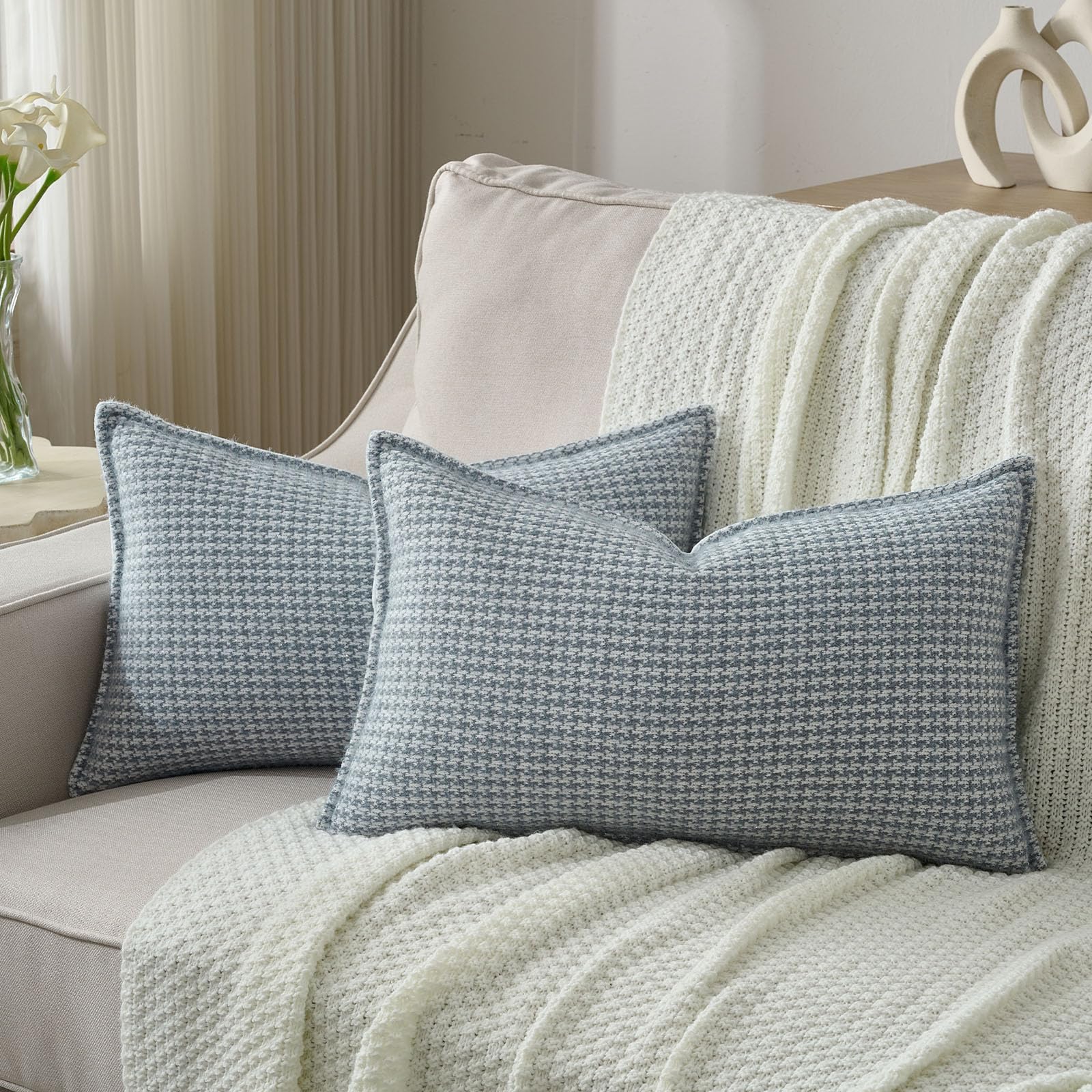 FUTEI Pack of 2 Houndstooth Throw Pillow Covers 26x26 Inch Soft Chenille Gingham Textured Farmhouse Decorative Euro Pillow Shams Modern Home Decor for Couch Bedroom Living Room, Grayish Blue
