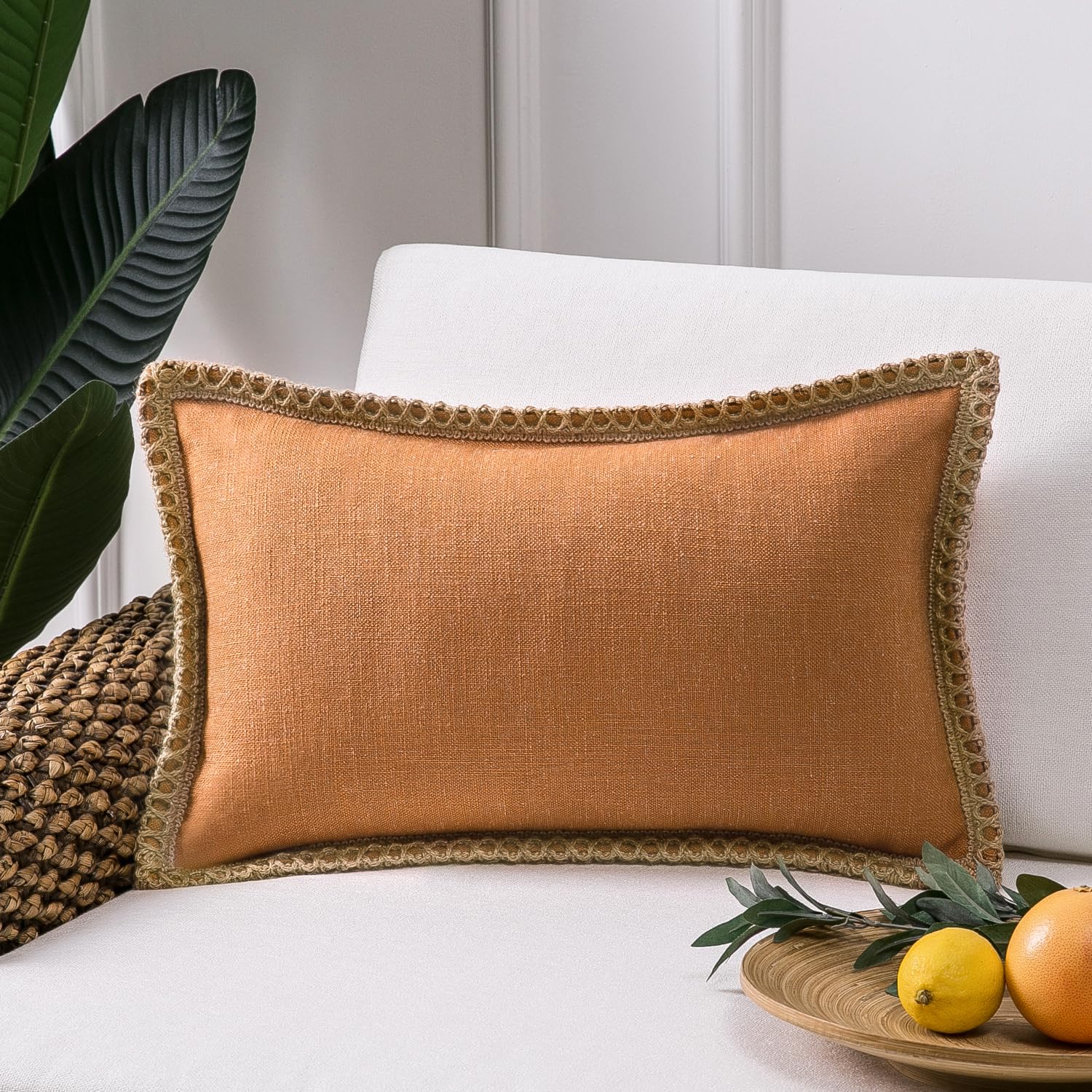 Phantoscope Pack of 2 Farmhouse Decorative Solid Pillow Cover Burlap Linen Trimmed Tailored Edges, Black, 24 x 24 inches, 60 x 60 cm