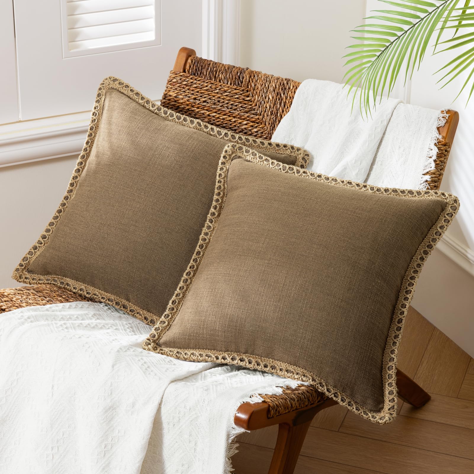 Phantoscope Pack of 2 Farmhouse Decorative Solid Pillow Cover Burlap Linen Trimmed Tailored Edges, Black, 24 x 24 inches, 60 x 60 cm