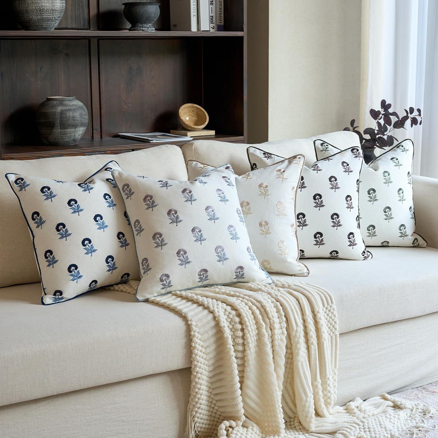 FIOUOVO Embroidered Floral Pillow Covers 24x 24 Set of 2 Cotton Farmhouse Throw Pillow Covers with Piping Edge Decorative Cushion Covers for Sofa Couch Bedroom Living Room, Olive Green