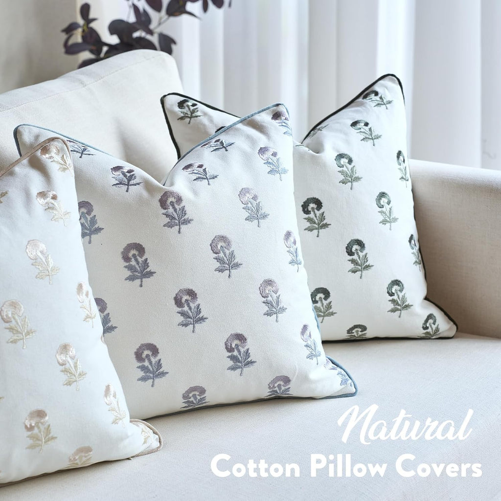 FIOUOVO Embroidered Floral Pillow Covers 24x 24 Set of 2 Cotton Farmhouse Throw Pillow Covers with Piping Edge Decorative Cushion Covers for Sofa Couch Bedroom Living Room, Olive Green