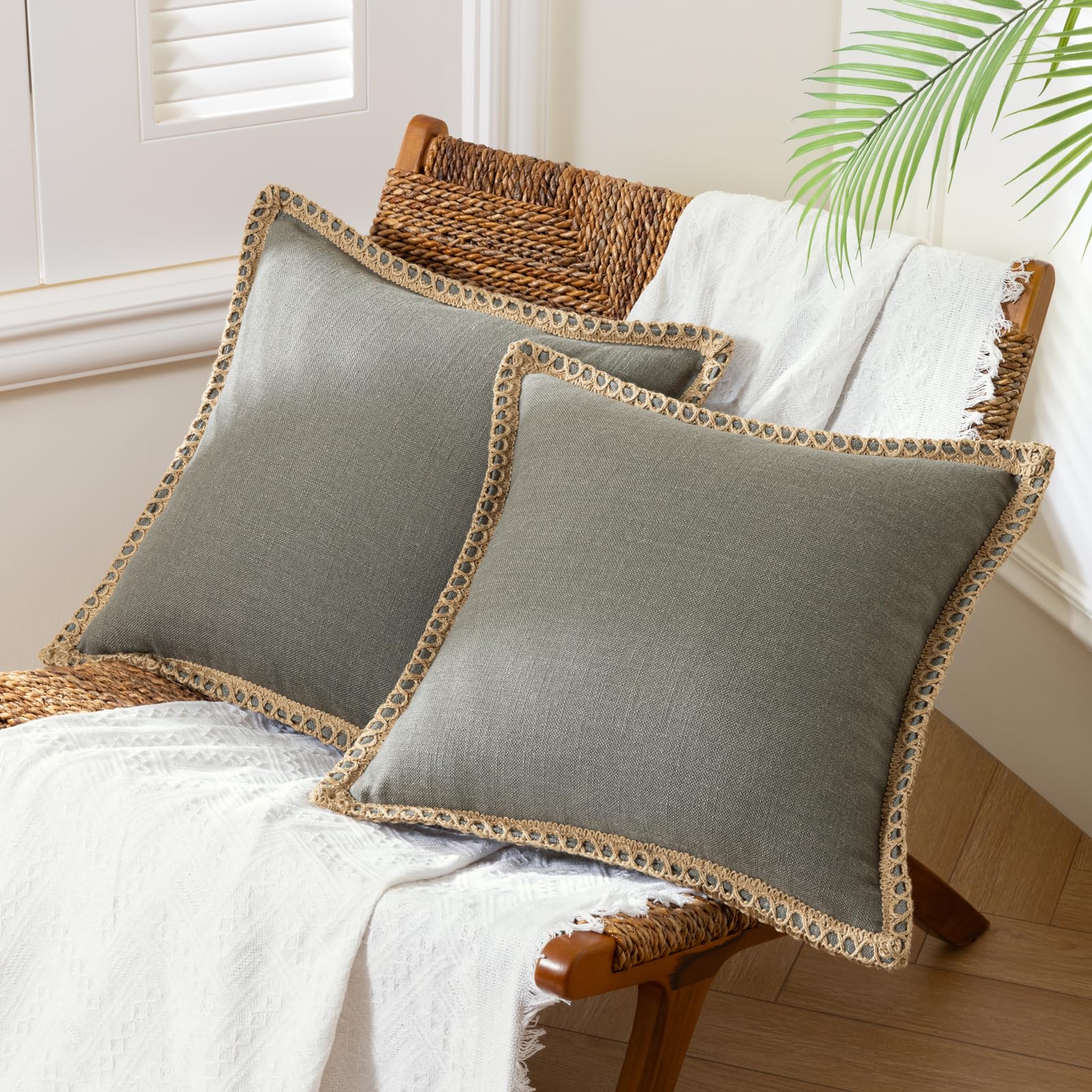 Phantoscope Pack of 2 Farmhouse Decorative Solid Pillow Cover Burlap Linen Trimmed Tailored Edges, Black, 24 x 24 inches, 60 x 60 cm