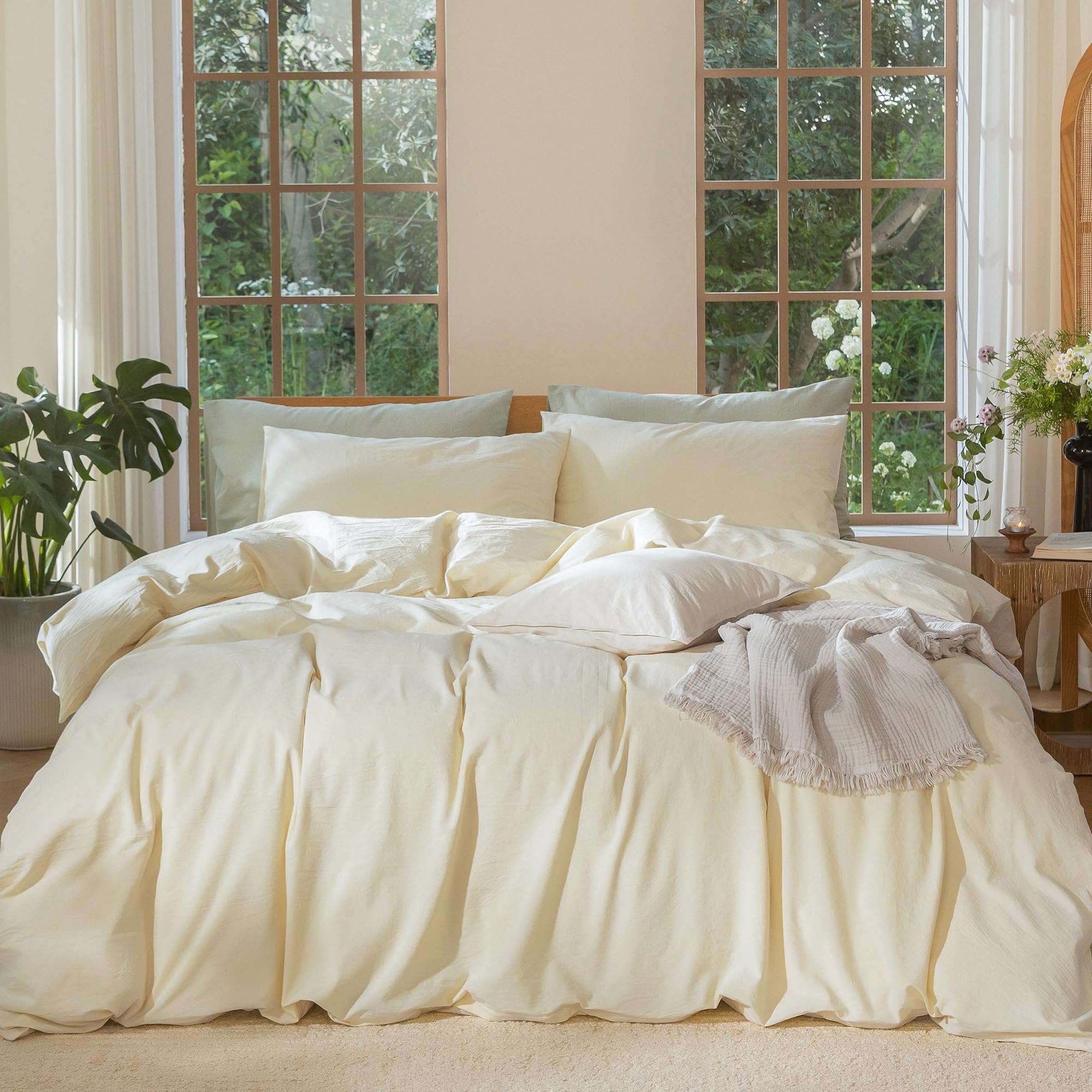 MooMee Bedding Duvet Cover Set 100% Washed Cotton Linen Like Textured Breathable Durable Soft Comfy (Solid Off White, Palatial King/Oversized King 120"x98")