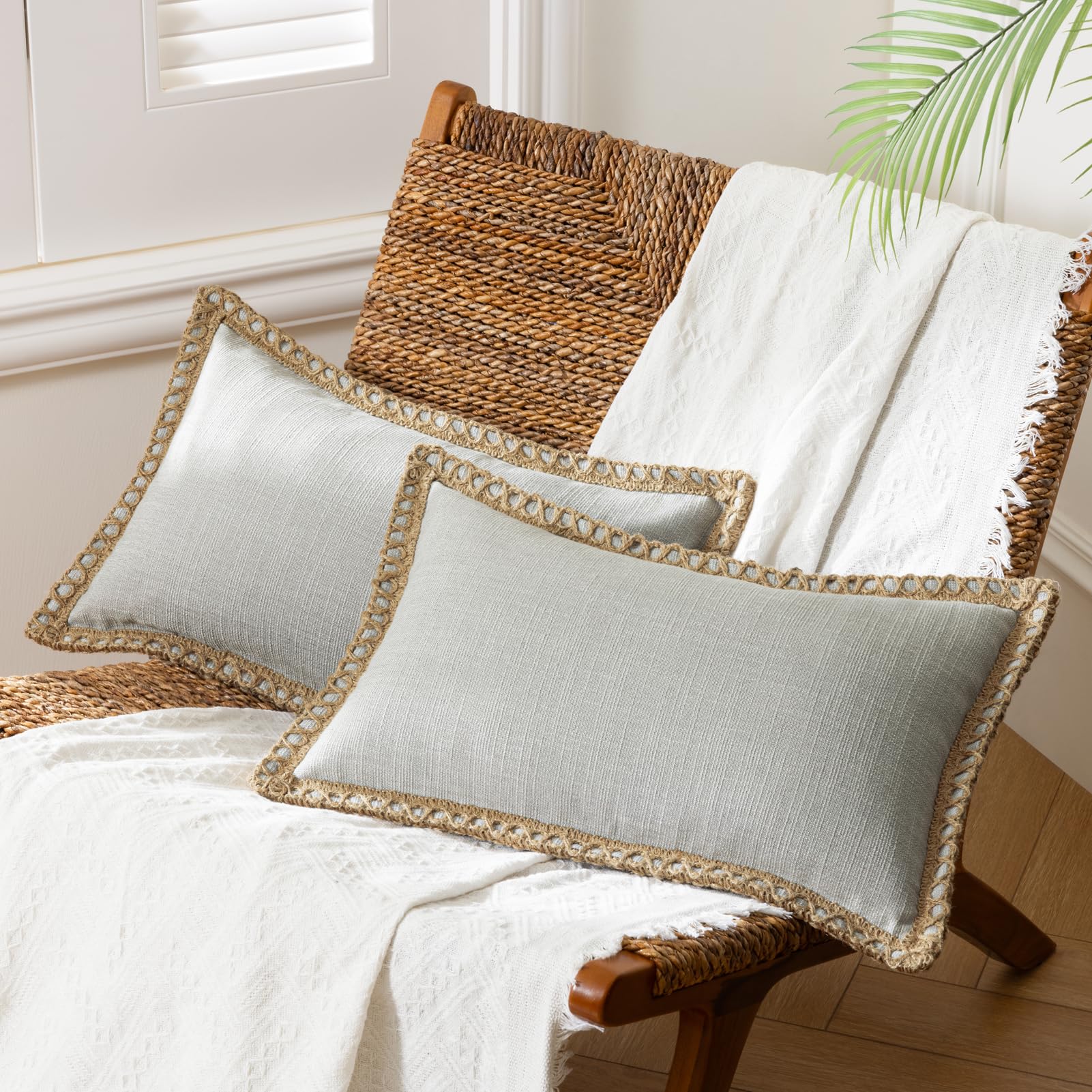 Phantoscope Pack of 2 Farmhouse Decorative Solid Pillow Cover Burlap Linen Trimmed Tailored Edges, Black, 24 x 24 inches, 60 x 60 cm