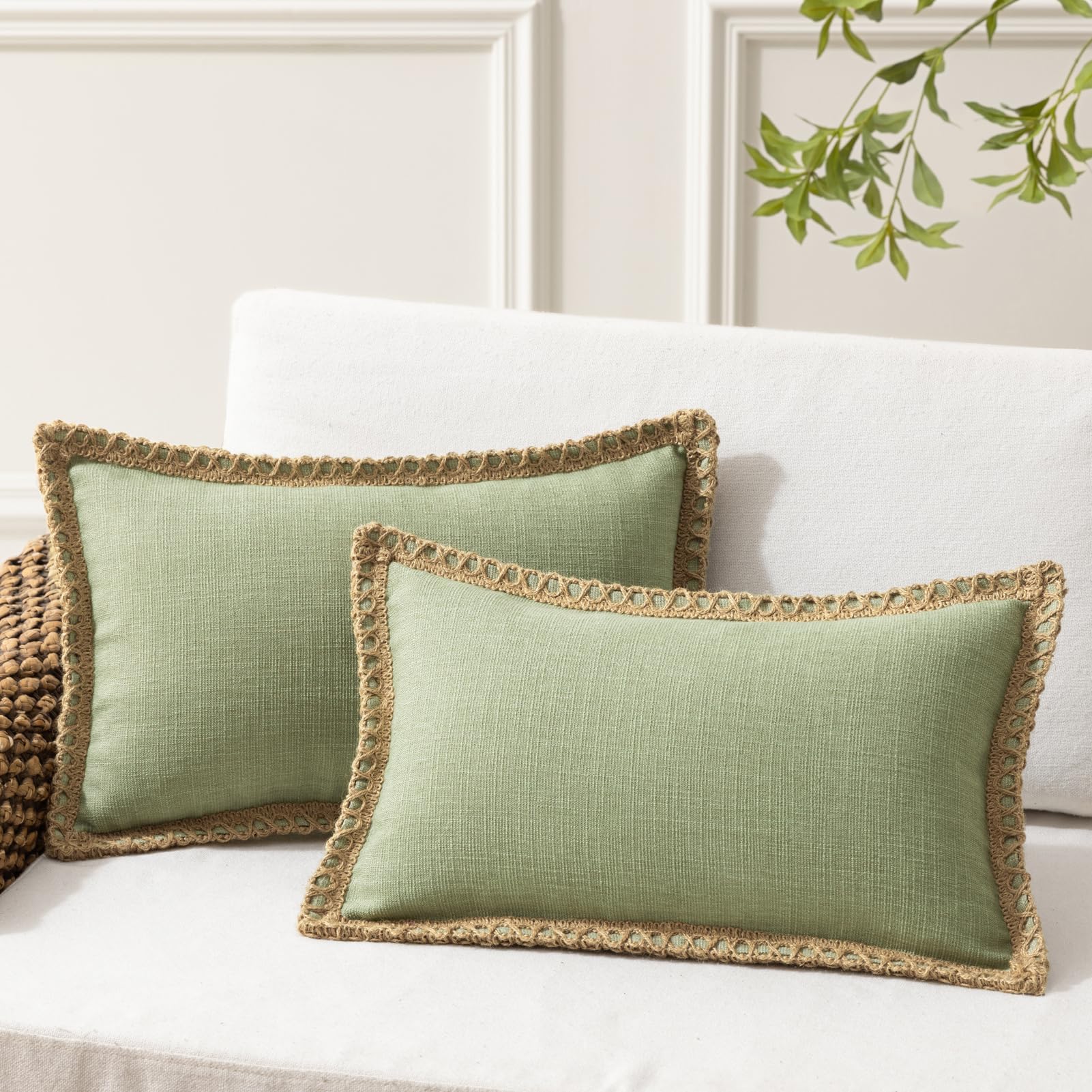 Phantoscope Pack of 2 Farmhouse Decorative Solid Pillow Cover Burlap Linen Trimmed Tailored Edges, Black, 24 x 24 inches, 60 x 60 cm