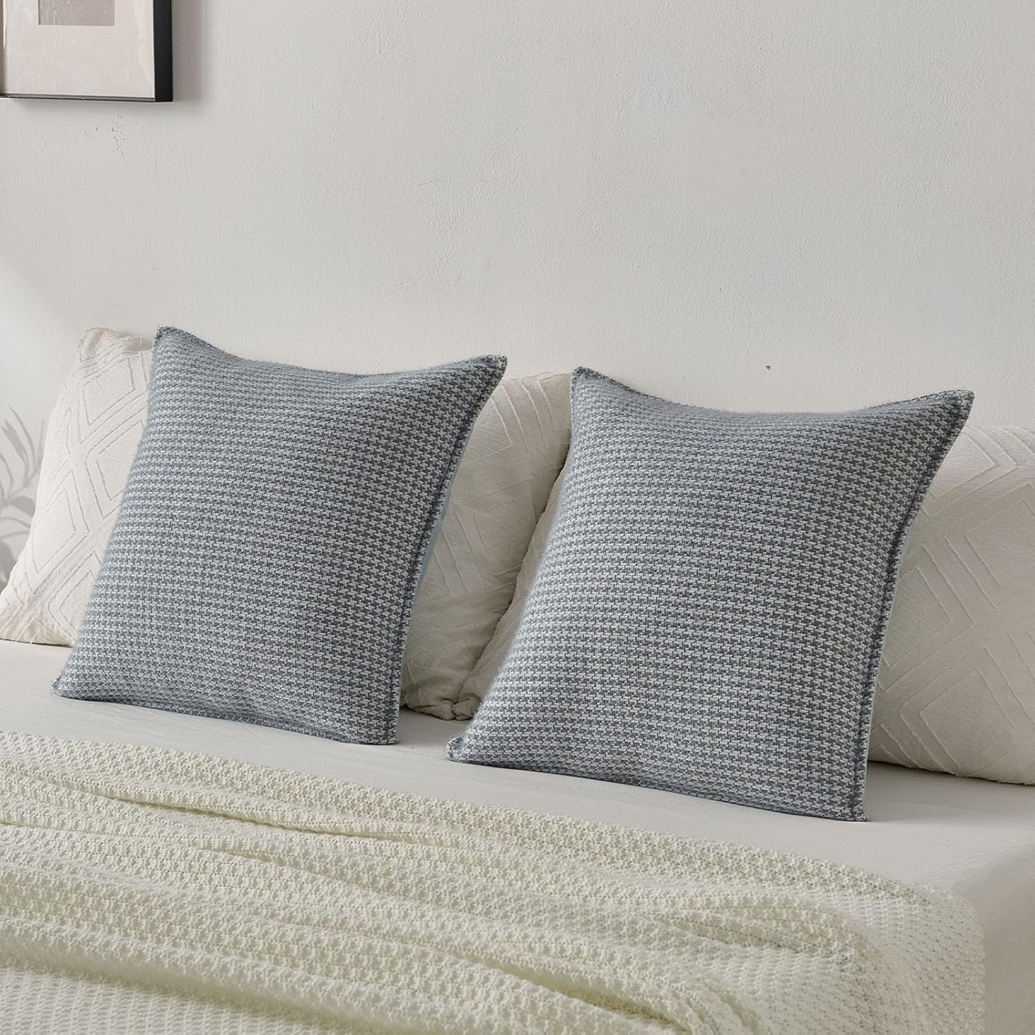 FUTEI Pack of 2 Houndstooth Throw Pillow Covers 26x26 Inch Soft Chenille Gingham Textured Farmhouse Decorative Euro Pillow Shams Modern Home Decor for Couch Bedroom Living Room, Grayish Blue
