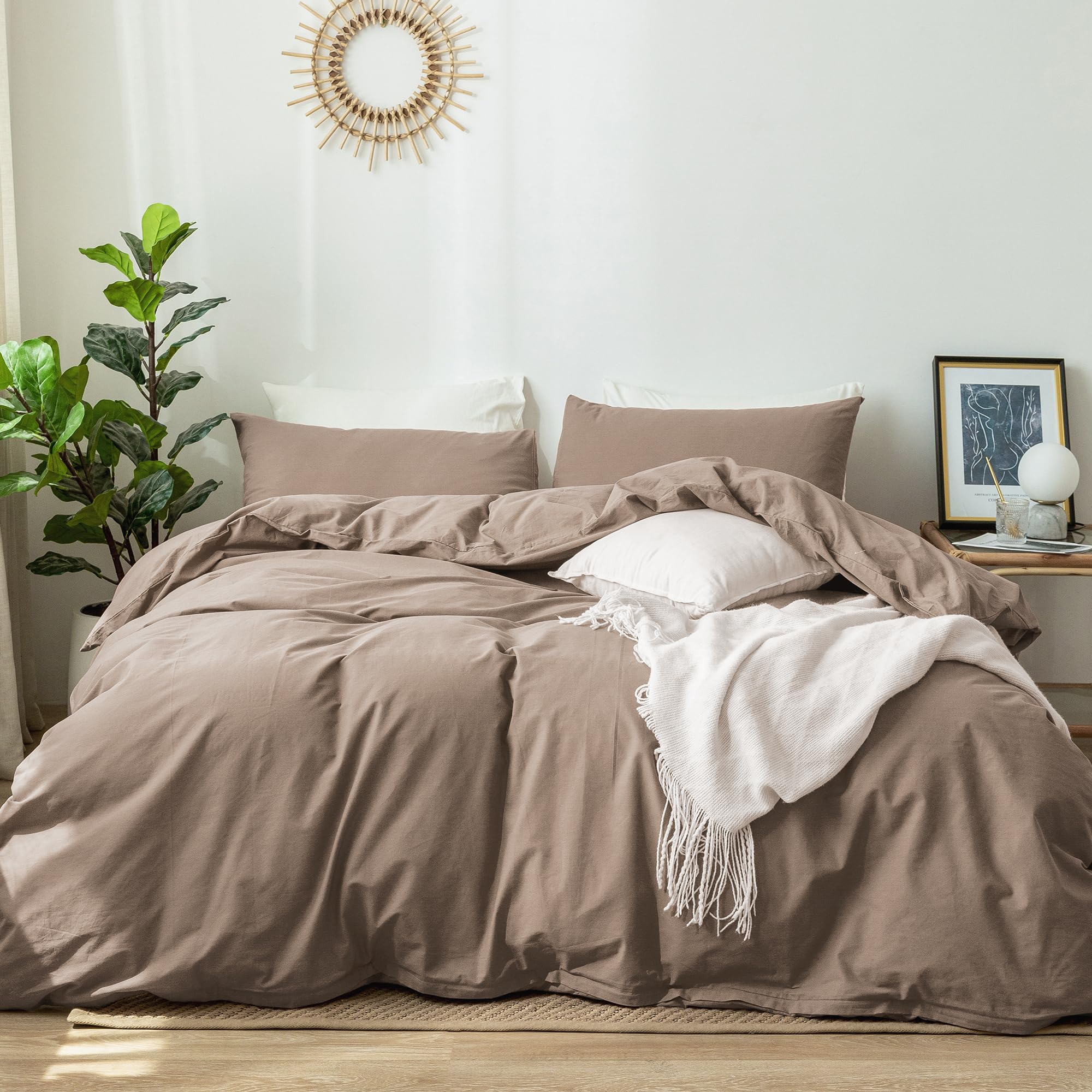 MooMee Bedding Duvet Cover Set 100% Washed Cotton Linen Like Textured Breathable Durable Soft Comfy (Solid Off White, Palatial King/Oversized King 120"x98")