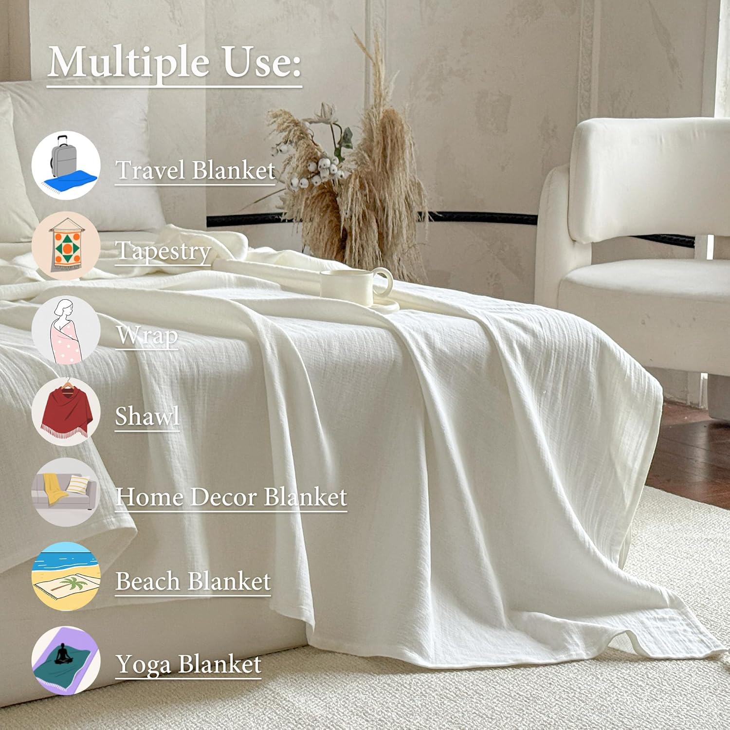 Simple&Opulence Linen Cotton Throw Blanket with Tassels, Double-Layer Knit Flax Blend Blanket Super Soft Lightweight Breathable Decorative Farmhouse for Couch Sofa Bed (90"X90",White)