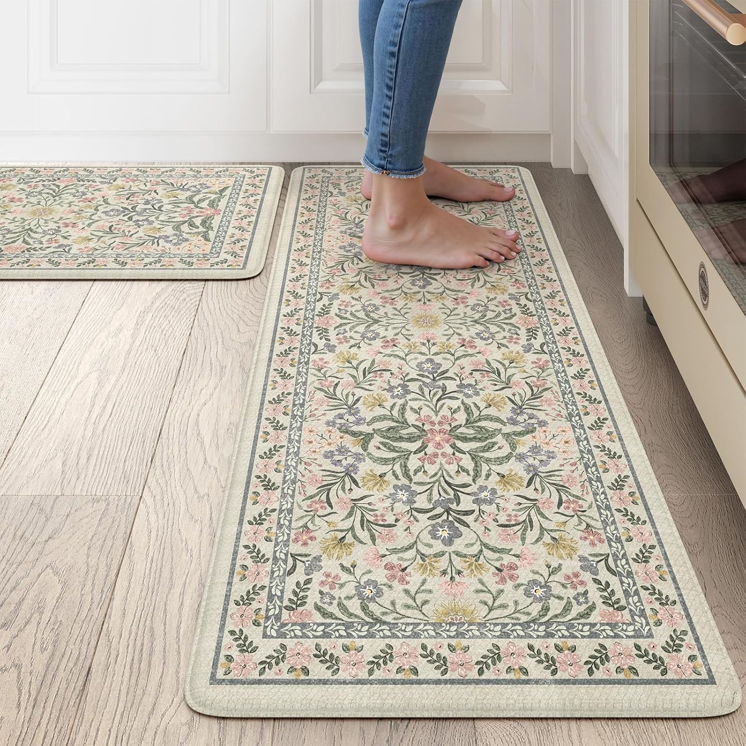 Beige Floral 2-Piece Anti Fatigue Kitchen Mat Set