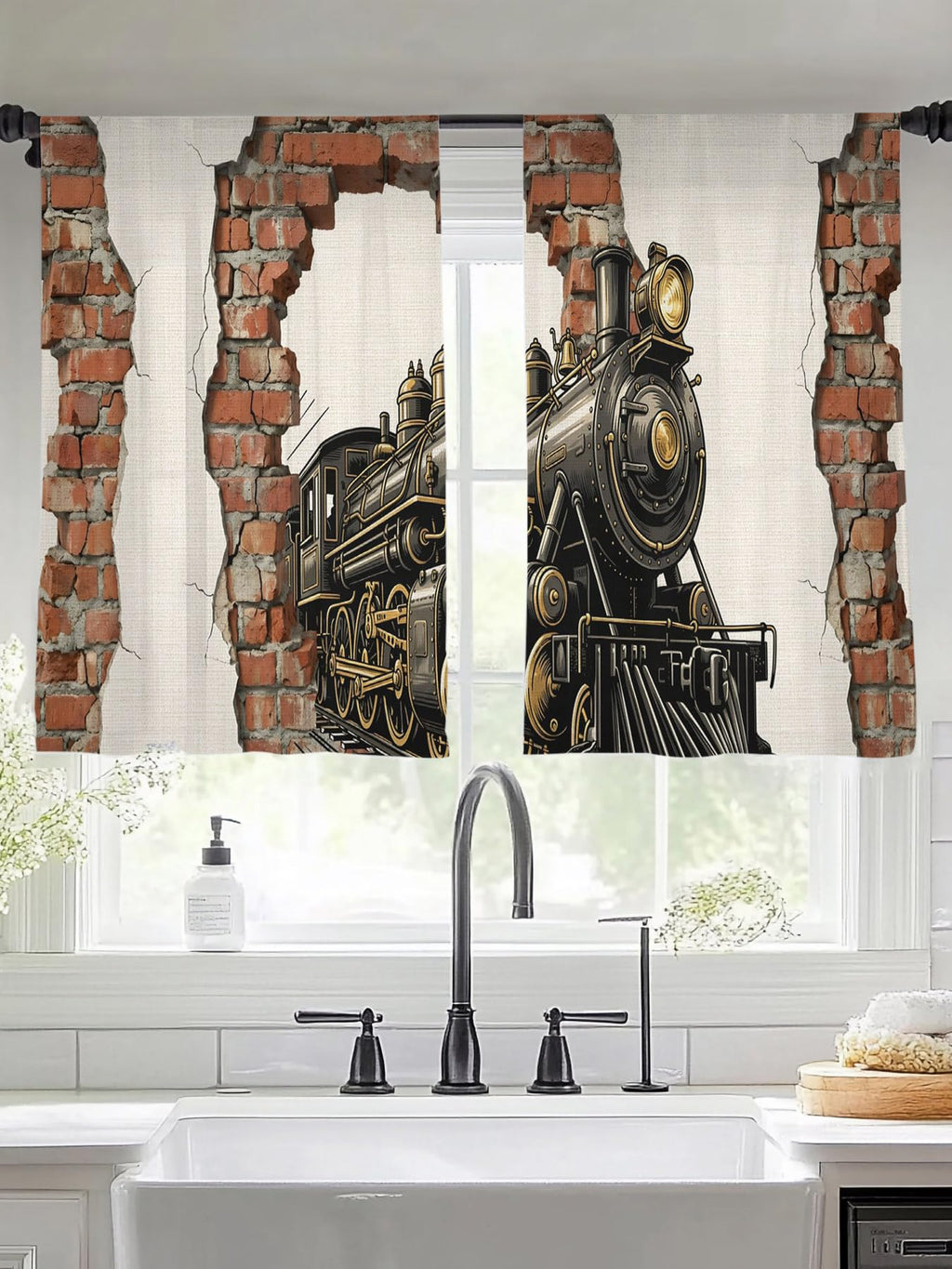 Vintage Steam Train Semi Sheer Curtains 96 inch length 2 panels set Cracked Brick Wall Rustic Industrial Kitchen Curtains Rod Pocket Sheer Drapes for Bedroom Living Room, Voile Window Treatment
