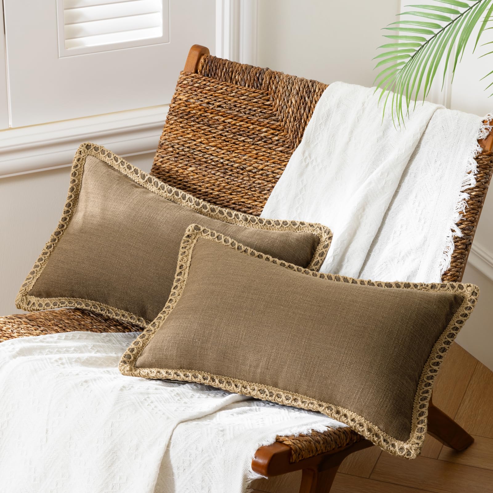 Phantoscope Pack of 2 Farmhouse Decorative Solid Pillow Cover Burlap Linen Trimmed Tailored Edges, Black, 24 x 24 inches, 60 x 60 cm
