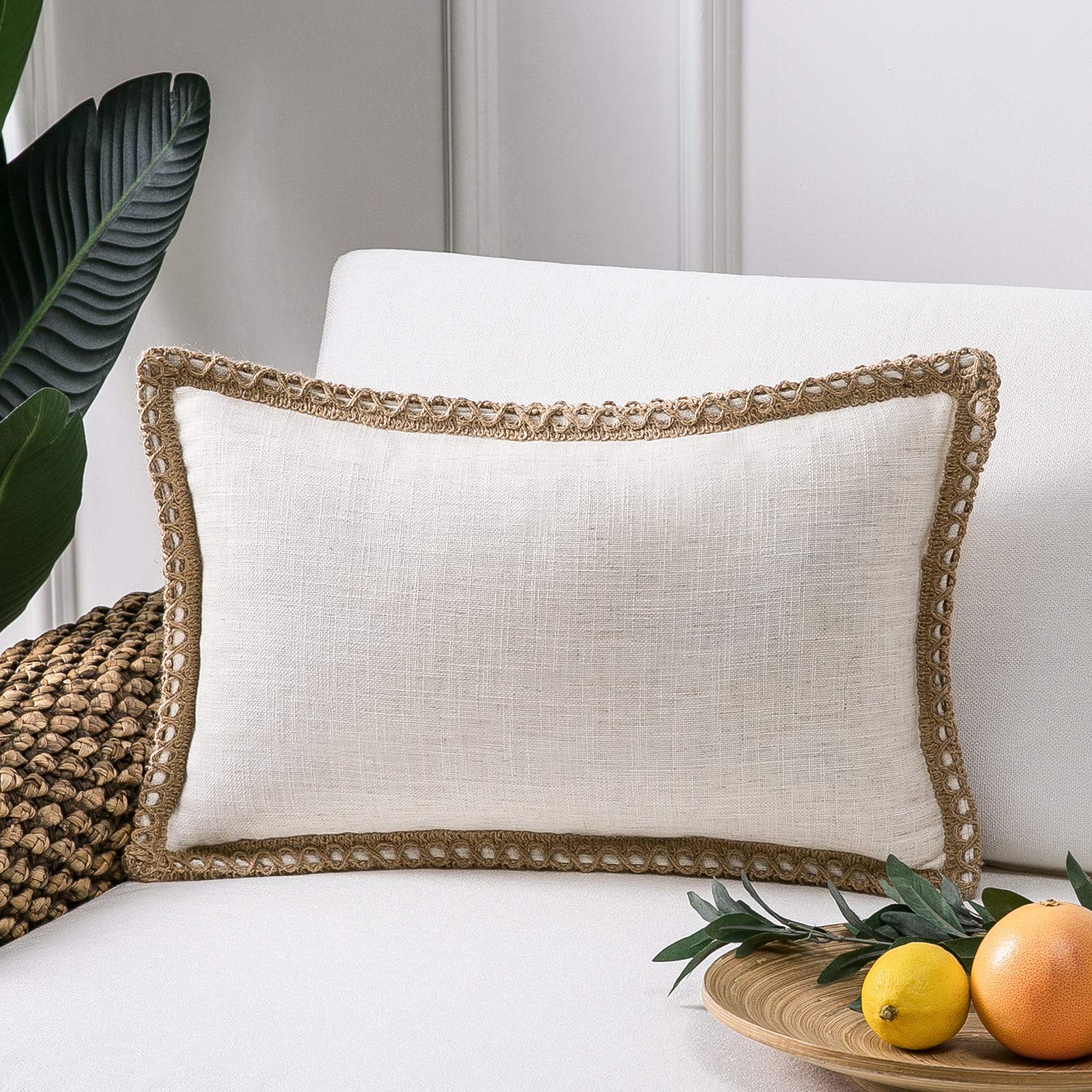 Phantoscope Pack of 2 Farmhouse Decorative Solid Pillow Cover Burlap Linen Trimmed Tailored Edges, Black, 24 x 24 inches, 60 x 60 cm