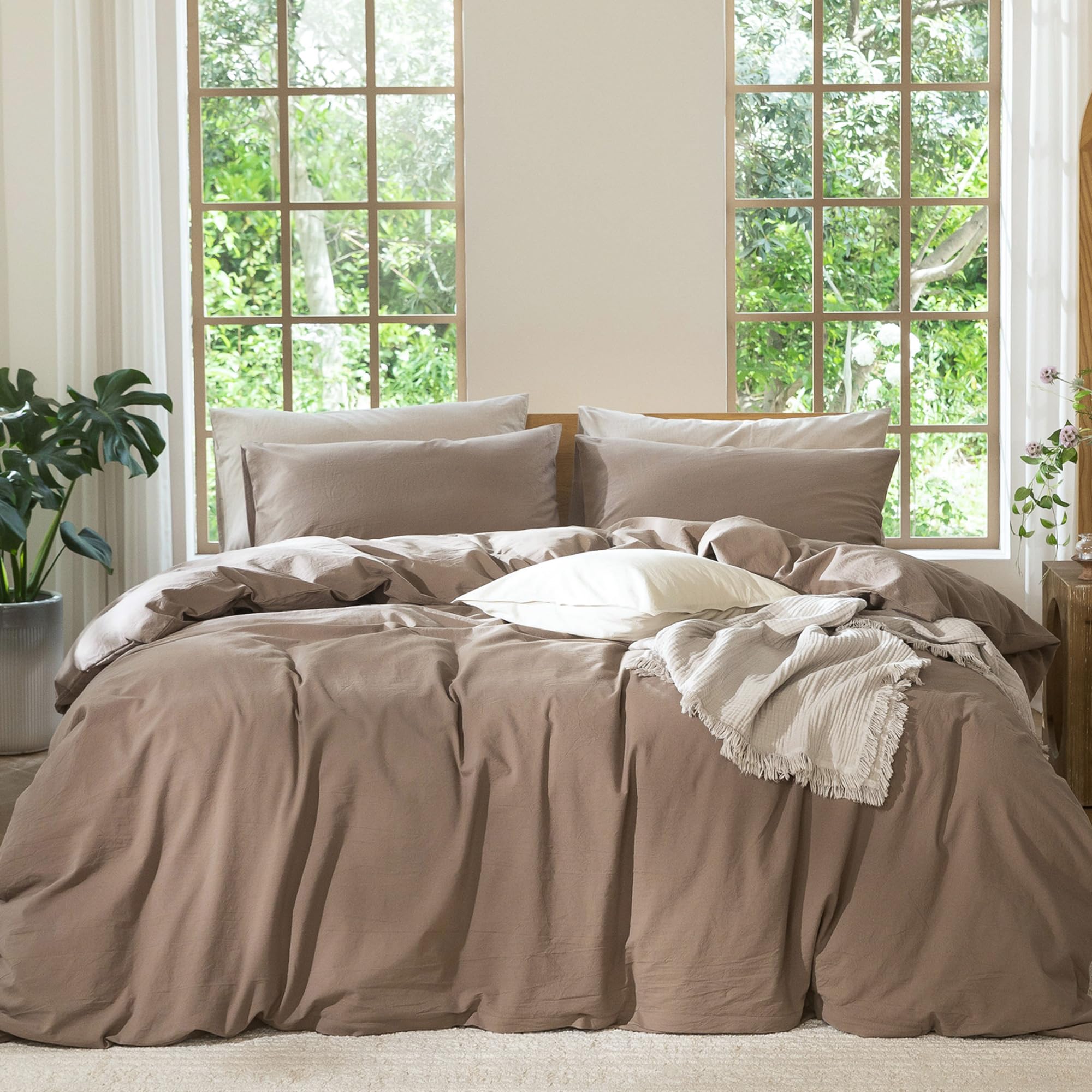 MooMee Bedding Duvet Cover Set 100% Washed Cotton Linen Like Textured Breathable Durable Soft Comfy (Solid Off White, Palatial King/Oversized King 120"x98")