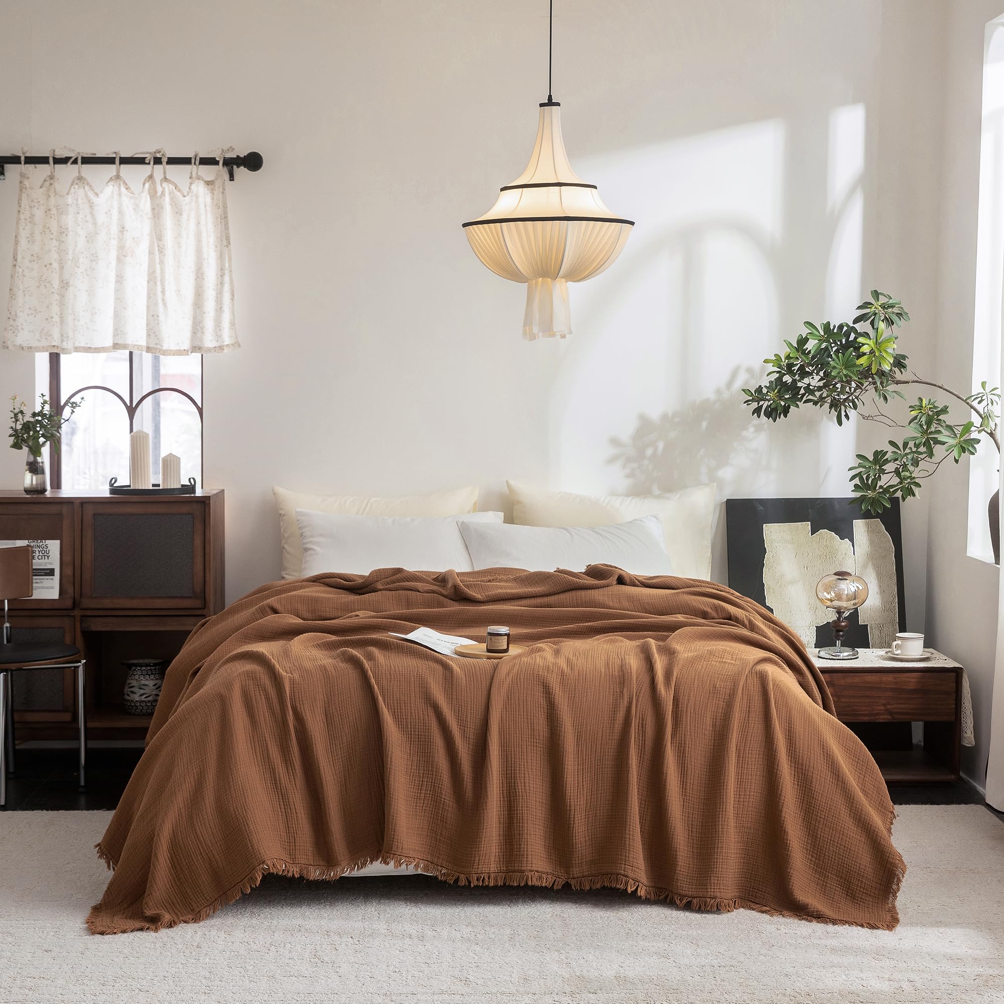 Beige Gray Fringe Cotton Muslin Blanket