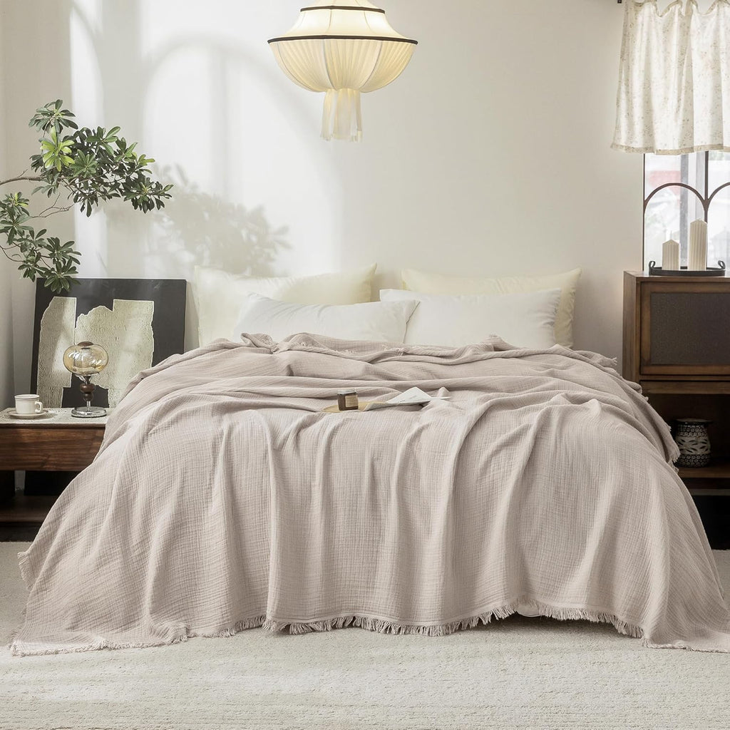 Beige Gray Fringe Cotton Muslin Blanket