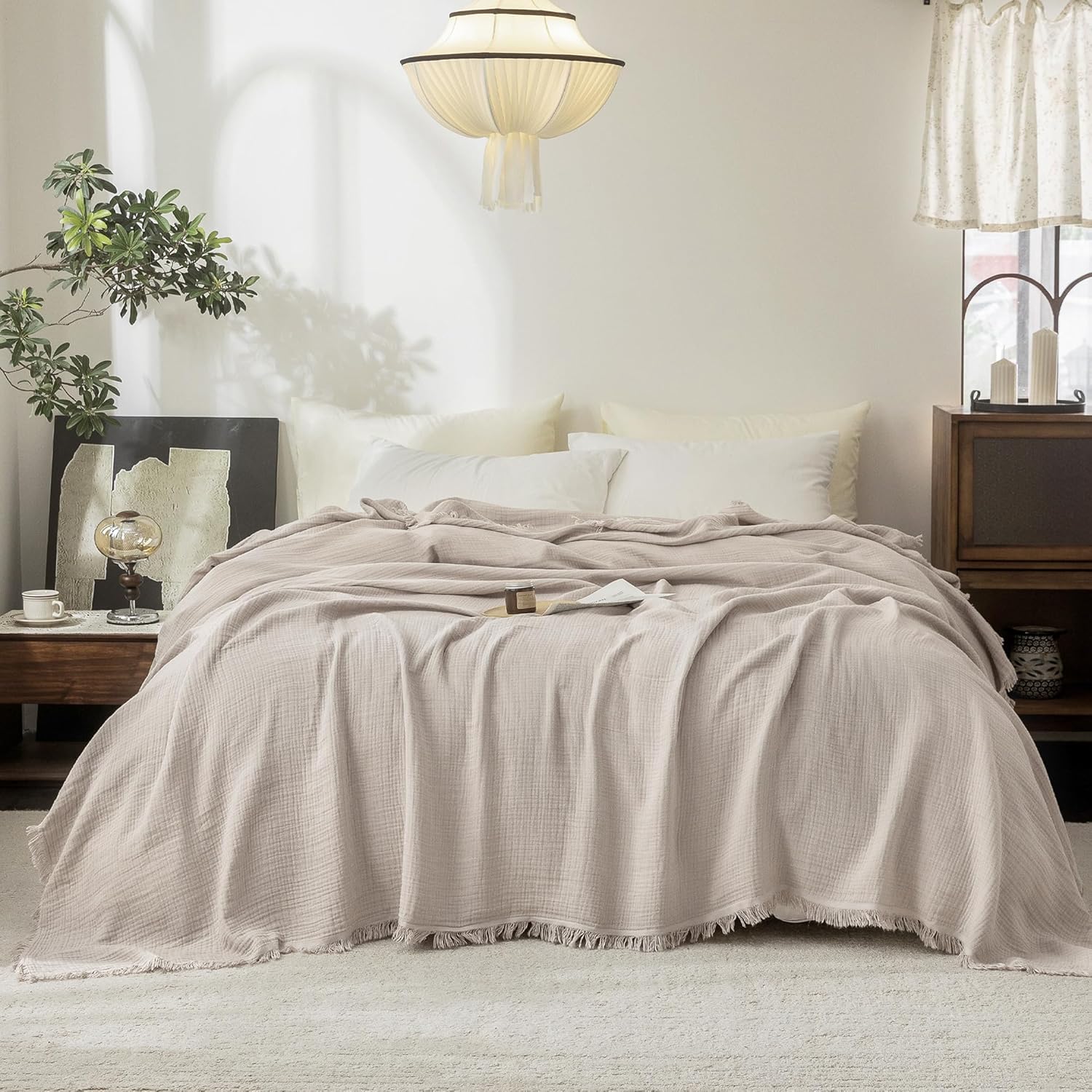 Beige Gray Fringe Cotton Muslin Blanket