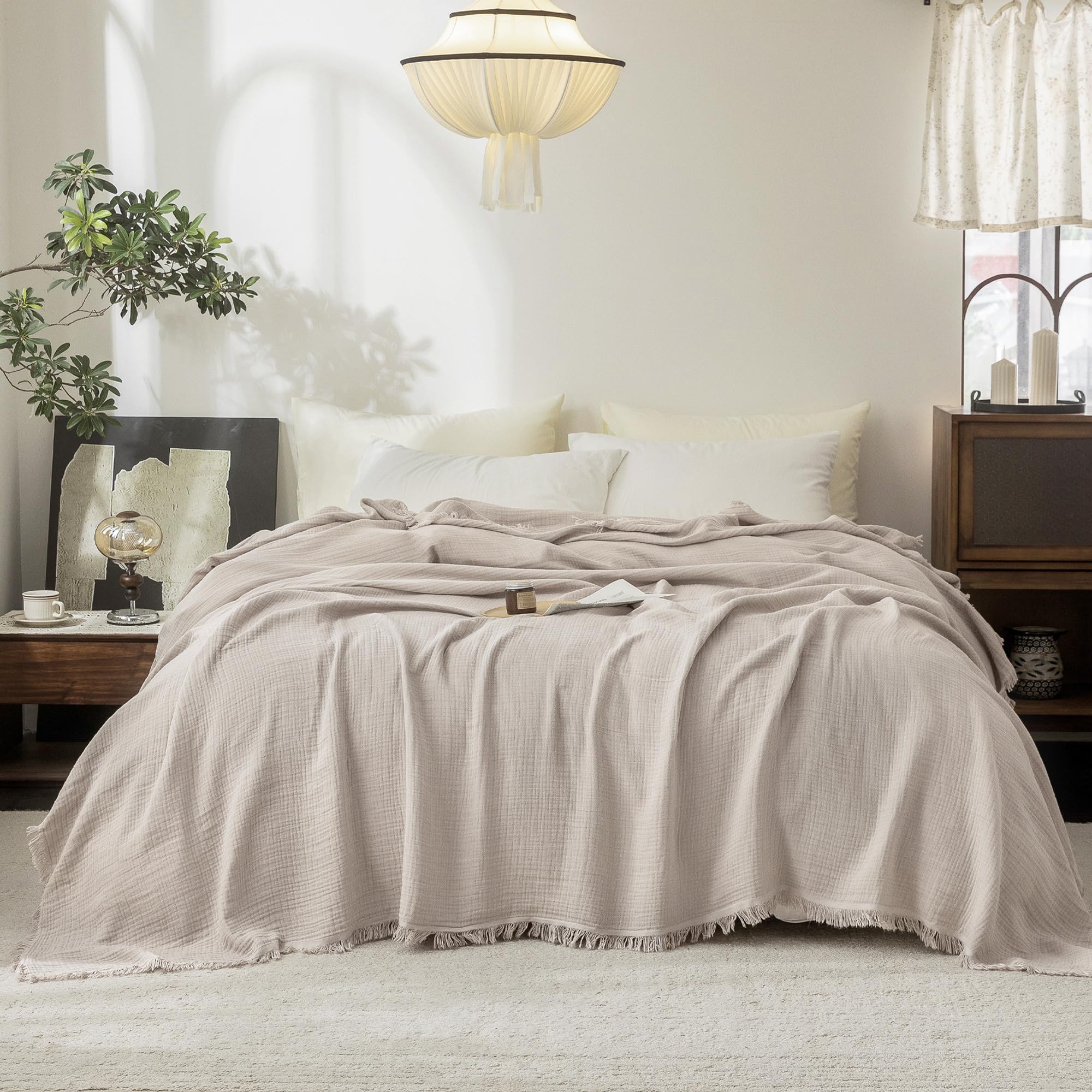 Beige Gray Fringe Cotton Muslin Blanket