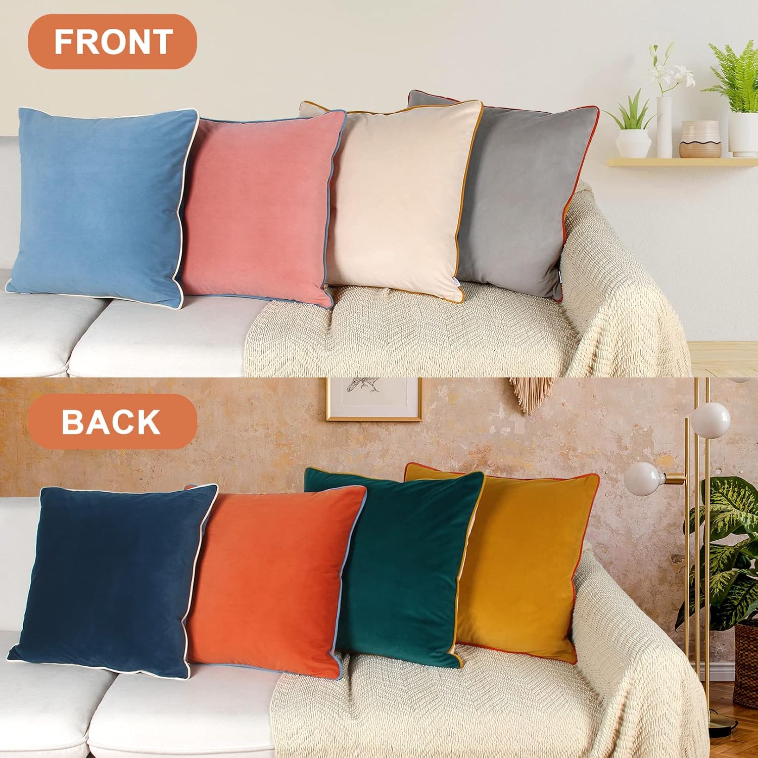 Velvet Throw Pillow Covers 22x22 Inch Set of 4 Decorative Velour Pillowcases Modern Double-Colored Cushion Covers for Sofa Couch, Cold