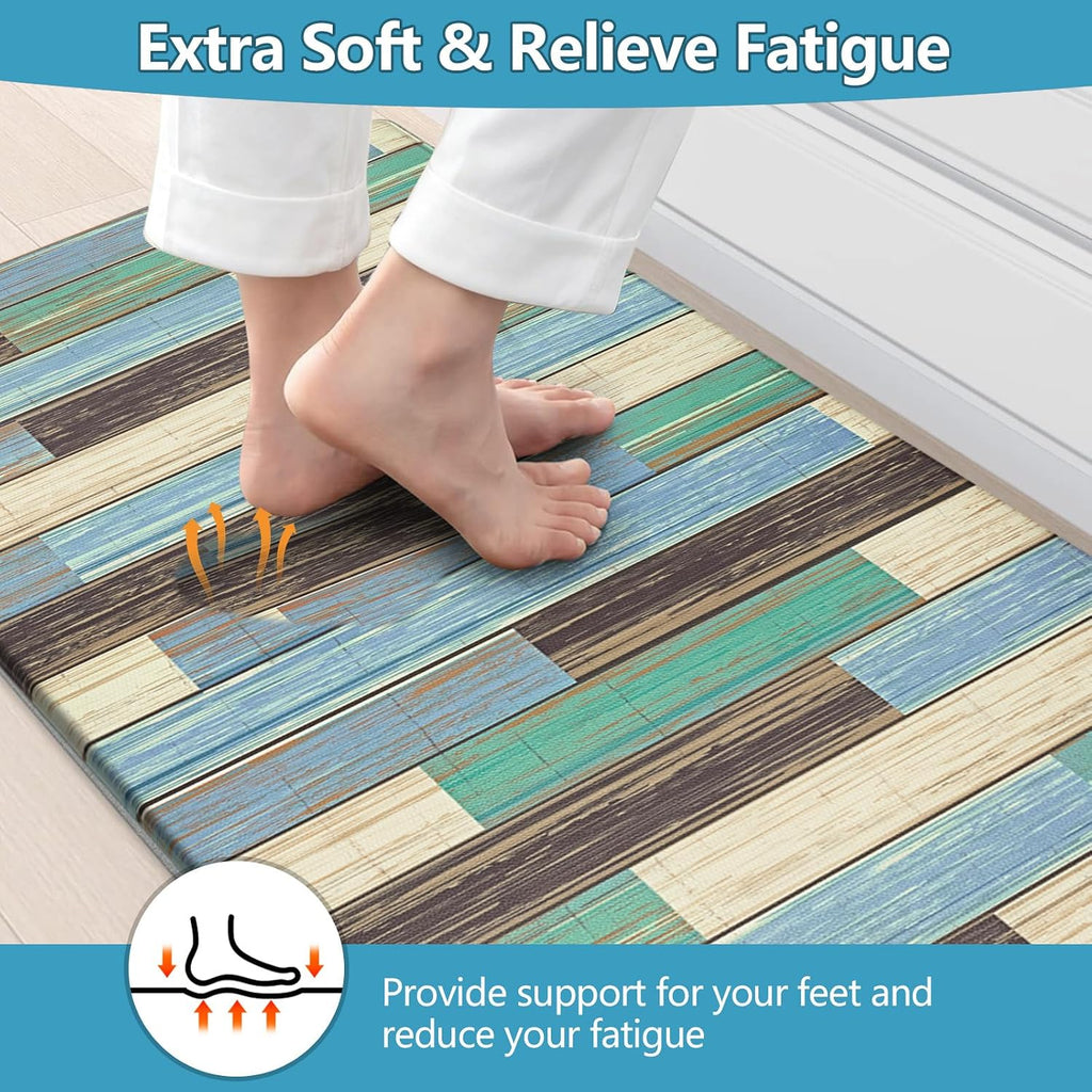 Teal Geometric Memory Foam Anti Fatigue Kitchen Runner Rug