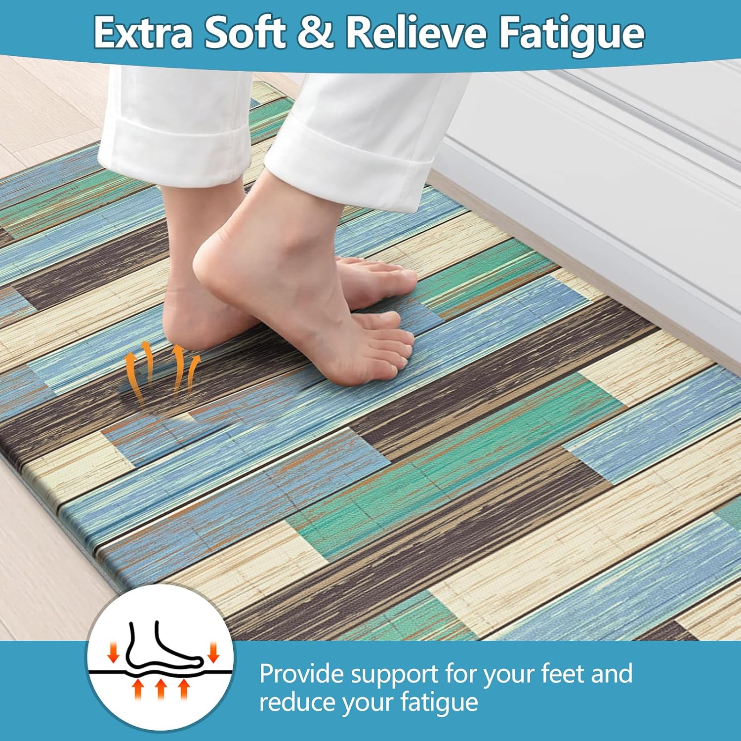 Teal Geometric Memory Foam Anti Fatigue Kitchen Runner Rug
