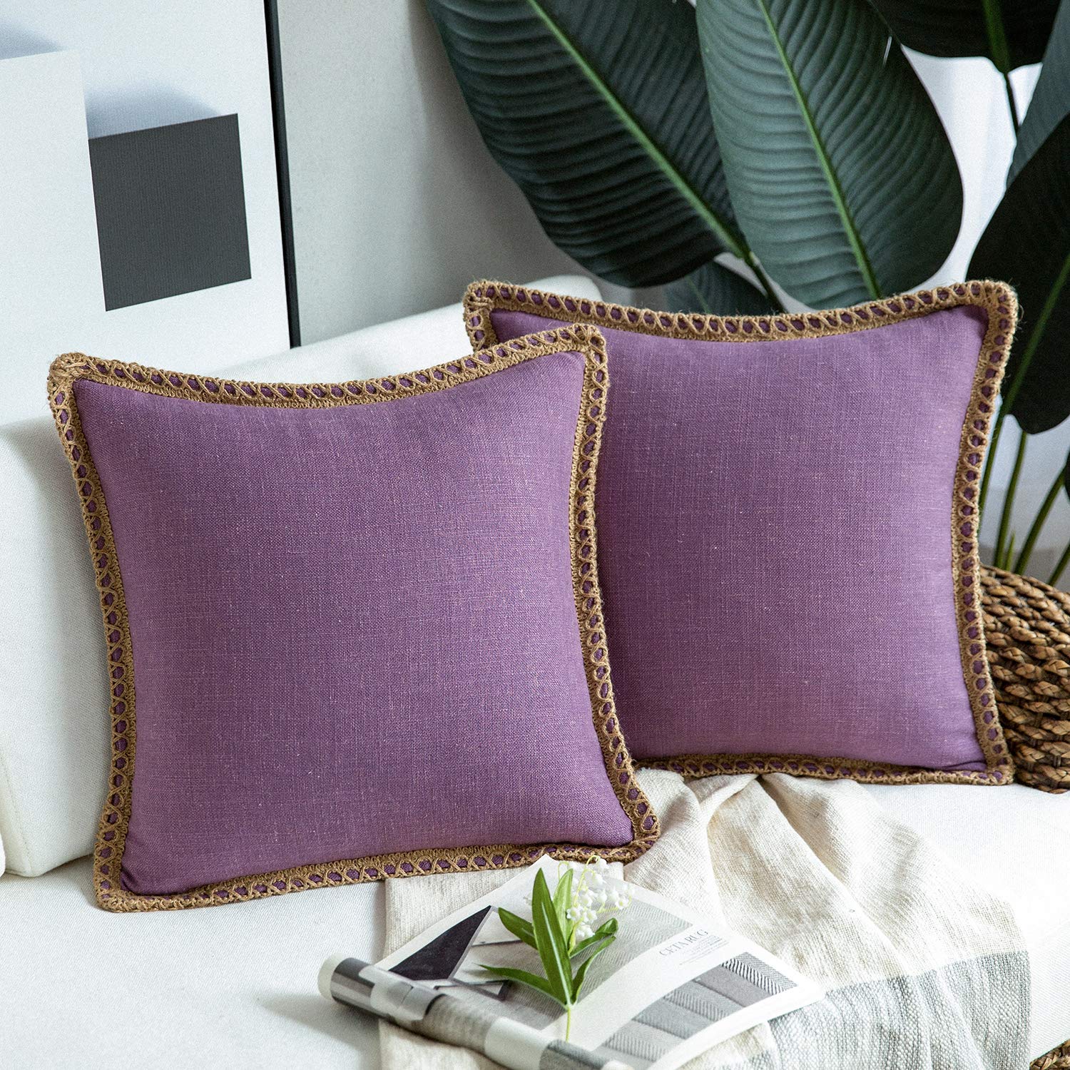 Phantoscope Pack of 2 Farmhouse Decorative Solid Pillow Cover Burlap Linen Trimmed Tailored Edges, Black, 24 x 24 inches, 60 x 60 cm