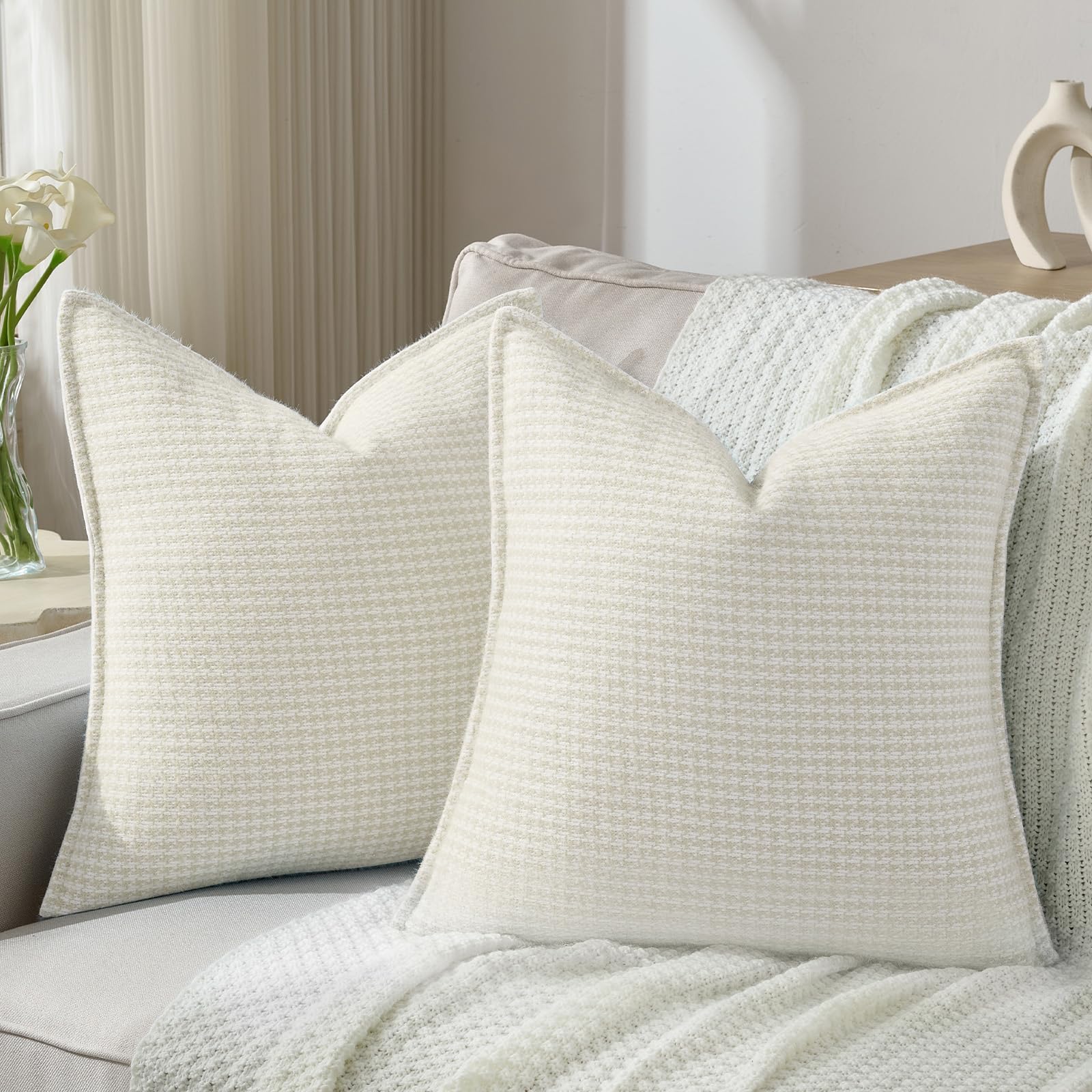 FUTEI Pack of 2 Houndstooth Throw Pillow Covers 26x26 Inch Soft Chenille Gingham Textured Farmhouse Decorative Euro Pillow Shams Modern Home Decor for Couch Bedroom Living Room, Grayish Blue