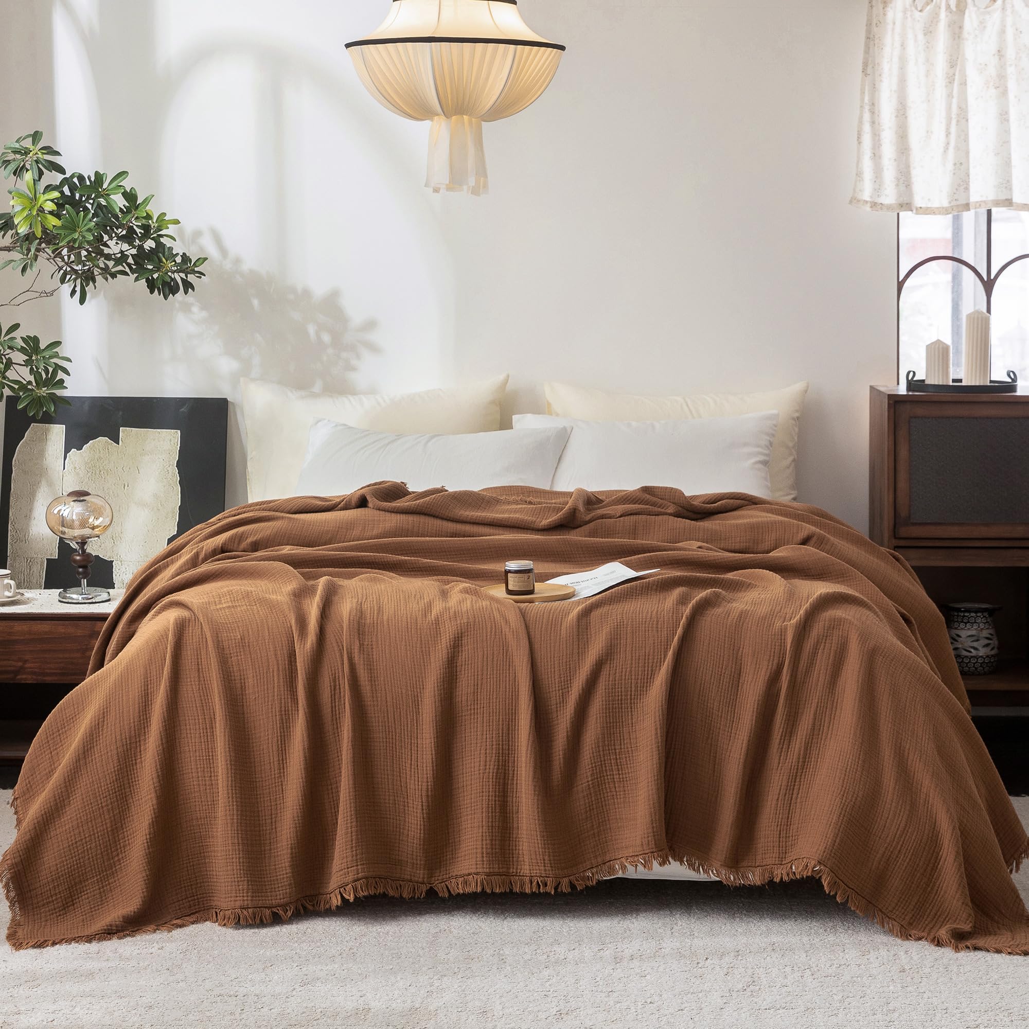 Beige Gray Fringe Cotton Muslin Blanket