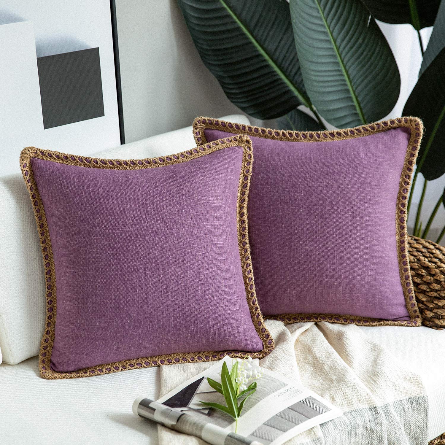 Phantoscope Pack of 2 Farmhouse Decorative Solid Pillow Cover Burlap Linen Trimmed Tailored Edges, Black, 24 x 24 inches, 60 x 60 cm