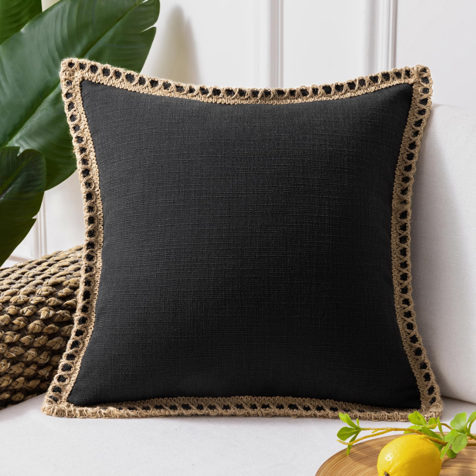 Phantoscope Pack of 2 Farmhouse Decorative Solid Pillow Cover Burlap Linen Trimmed Tailored Edges, Black, 24 x 24 inches, 60 x 60 cm