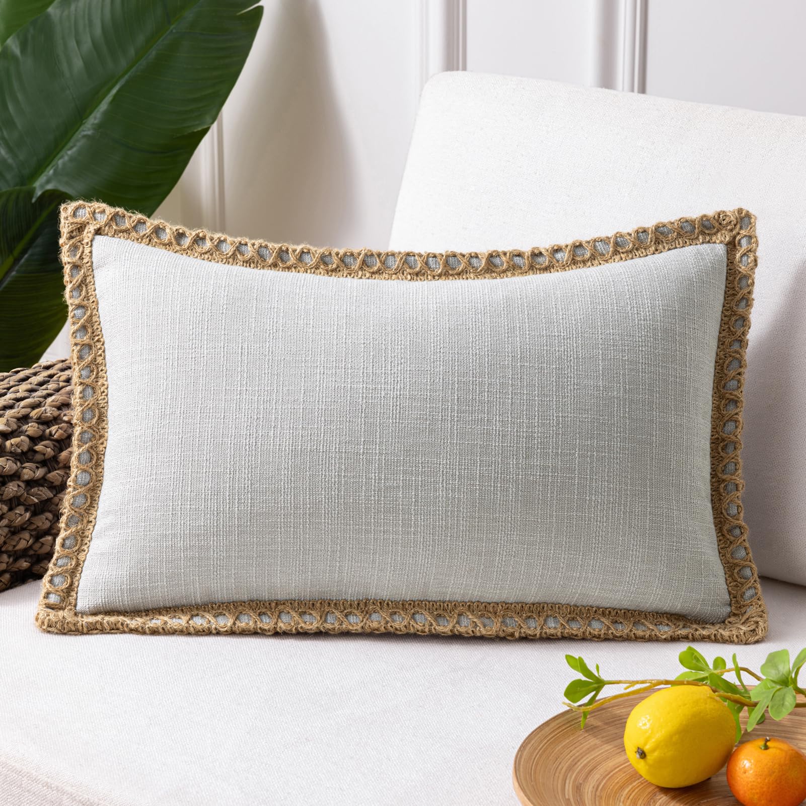 Phantoscope Pack of 2 Farmhouse Decorative Solid Pillow Cover Burlap Linen Trimmed Tailored Edges, Black, 24 x 24 inches, 60 x 60 cm