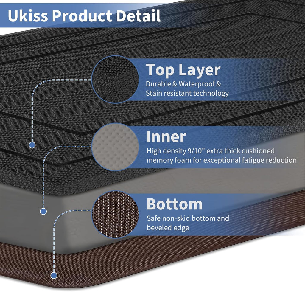 UKISS 9/10"" Extra Thick Cushioned Anti Fatigue Kitchen Mat, Waterproof High Density Foam Standing Desk Mat, Non-Slip Ergonomic Comfort Mat for Kitchen, Office,Workstation Black (Black, 20" X 48")