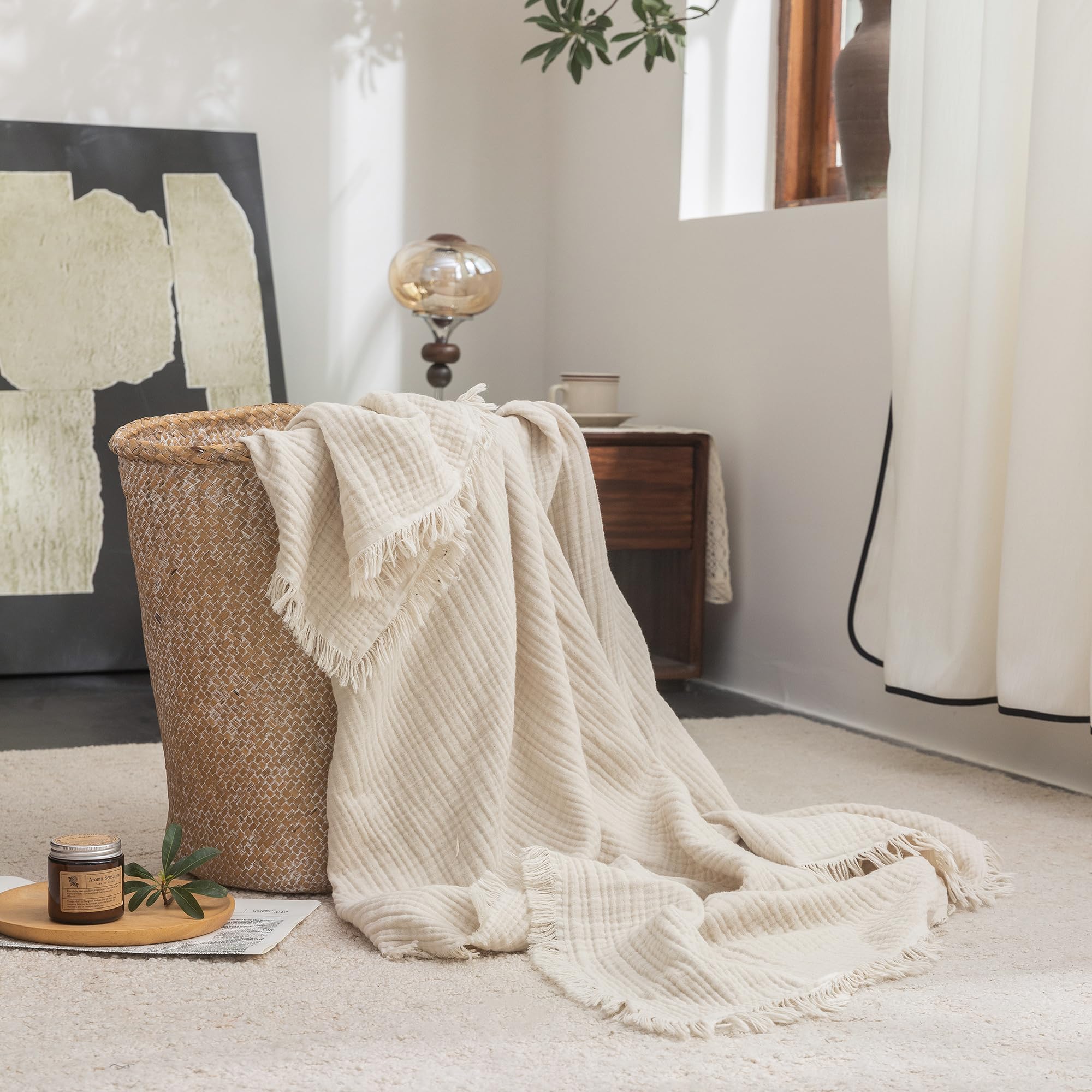 Beige Gray Fringe Cotton Muslin Blanket
