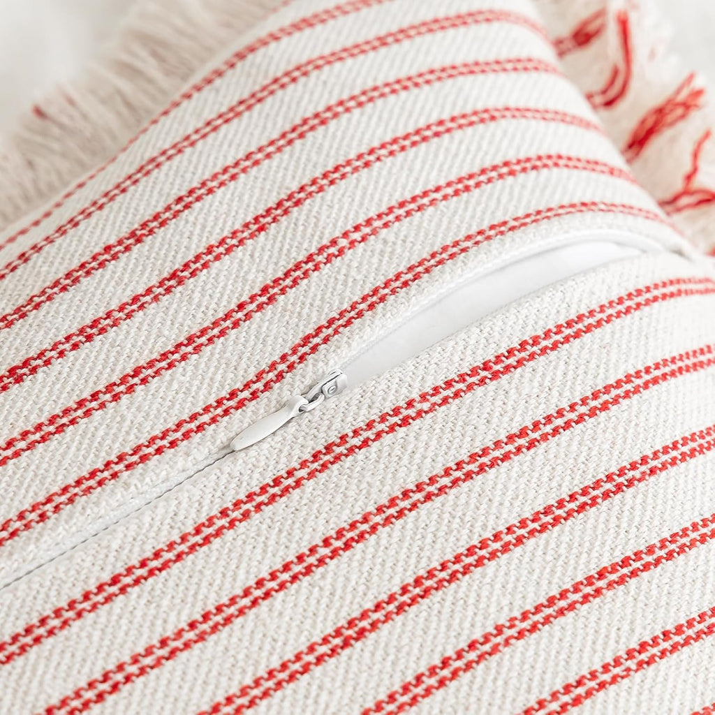 Red Fringe Striped Pillow Covers Set