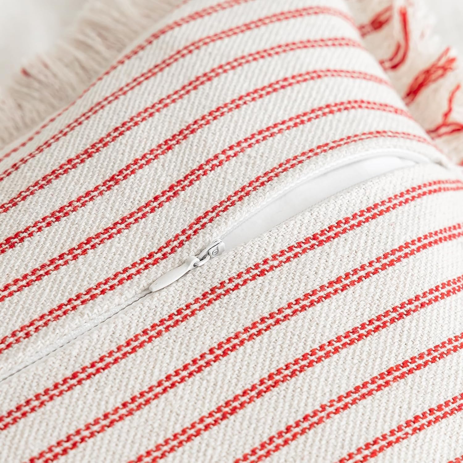 Red Fringe Striped Pillow Covers Set