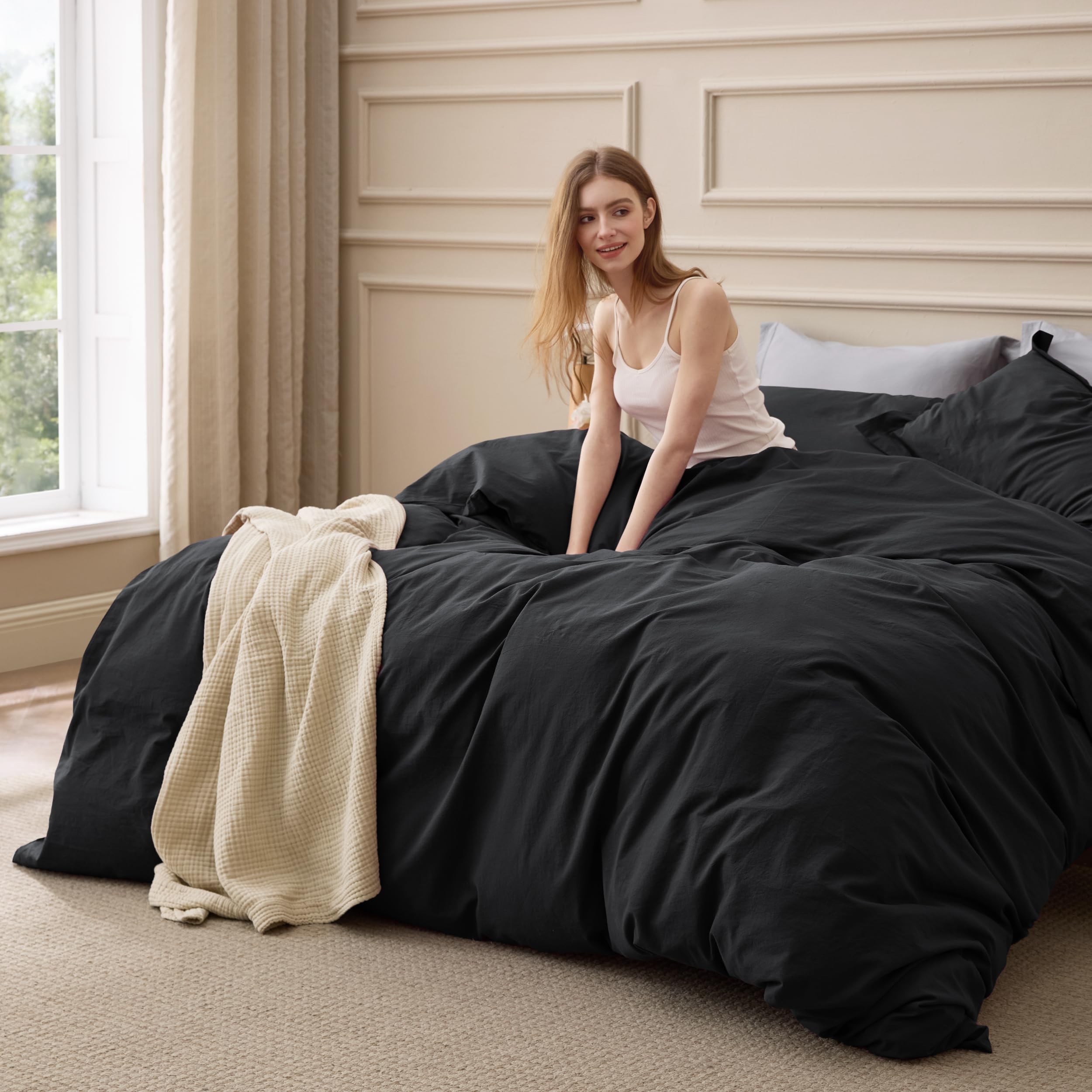 Bedsure 100% Washed Cotton Duvet Cover Oversized King - Natural Minimalist Bedding Set Linen Like - PureWoven Plain Simple & Soft Comforter Cover for All Seasons (Natural, Oversized King, 120"x98")
