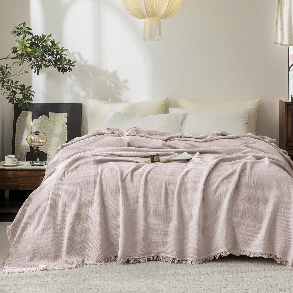Beige Gray Fringe Cotton Muslin Blanket