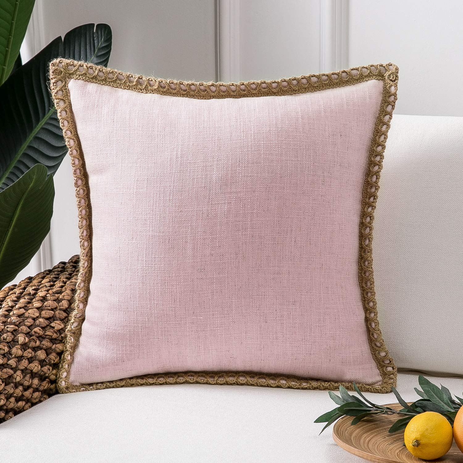 Phantoscope Pack of 2 Farmhouse Decorative Solid Pillow Cover Burlap Linen Trimmed Tailored Edges, Black, 24 x 24 inches, 60 x 60 cm