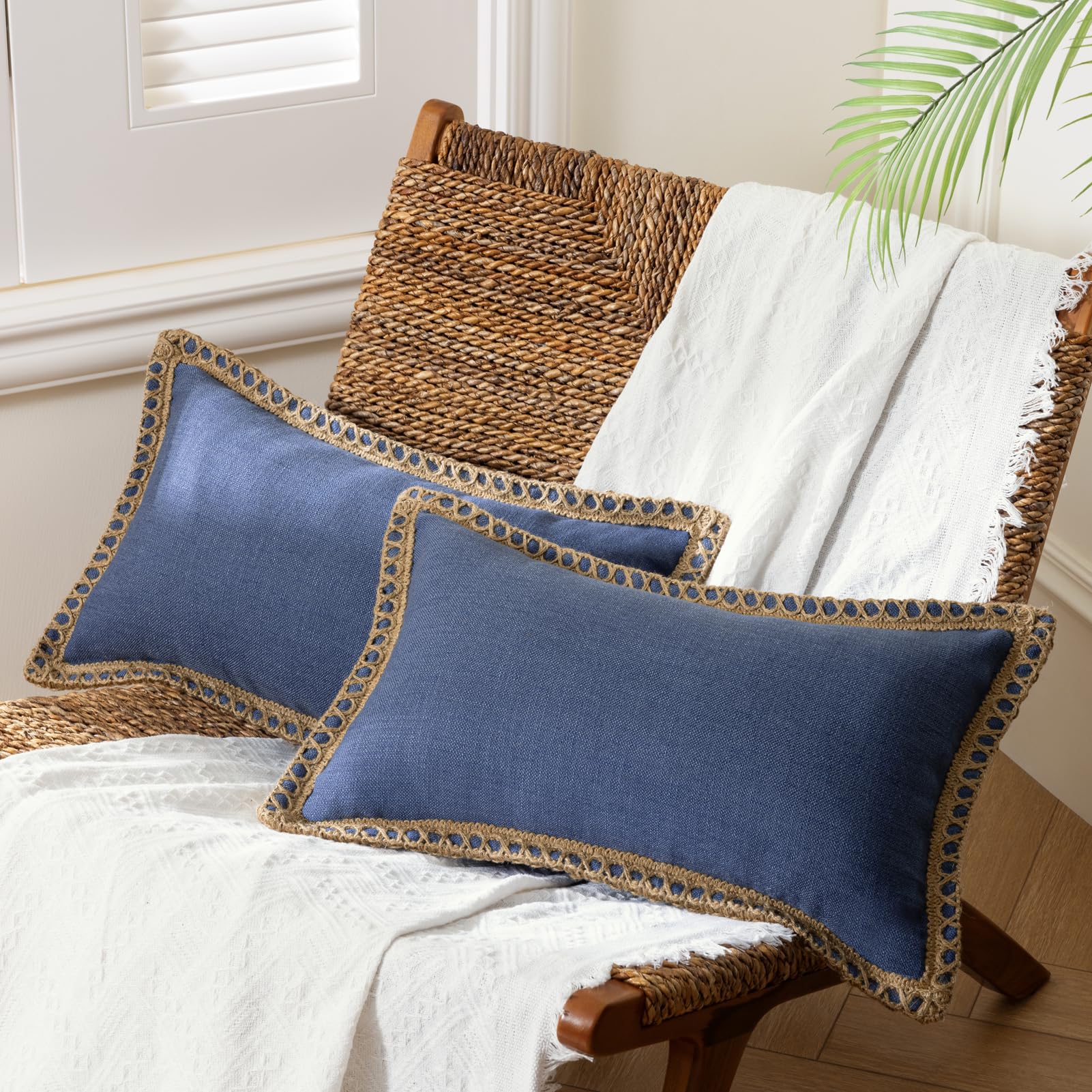 Phantoscope Pack of 2 Farmhouse Decorative Solid Pillow Cover Burlap Linen Trimmed Tailored Edges, Black, 24 x 24 inches, 60 x 60 cm