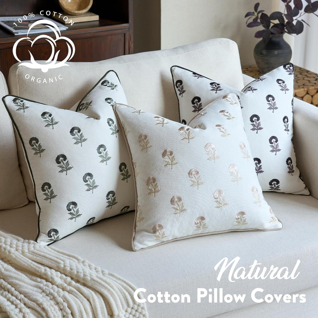 FIOUOVO Embroidered Floral Pillow Covers 24x 24 Set of 2 Cotton Farmhouse Throw Pillow Covers with Piping Edge Decorative Cushion Covers for Sofa Couch Bedroom Living Room, Olive Green