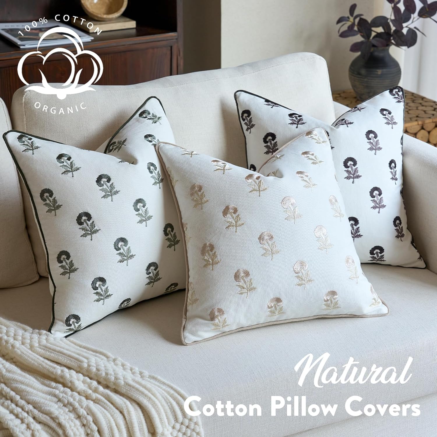 FIOUOVO Embroidered Floral Pillow Covers 24x 24 Set of 2 Cotton Farmhouse Throw Pillow Covers with Piping Edge Decorative Cushion Covers for Sofa Couch Bedroom Living Room, Olive Green