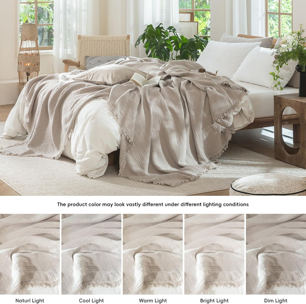 MooMee Muslin Blanket - 100% Cotton 4-Layer Gauze Throw Blanket with All-Around Fringe, Soft Breathable Lightweight Cooling Summer Blankets for Bed Couch (Cream Grey,Super King 108" x 98")
