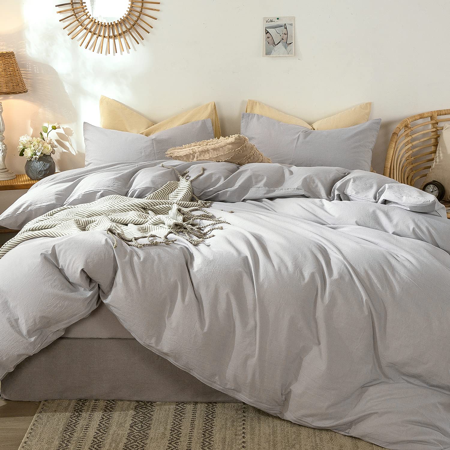 MooMee Bedding Duvet Cover Set 100% Washed Cotton Linen Like Textured Breathable Durable Soft Comfy (Solid Off White, Palatial King/Oversized King 120"x98")