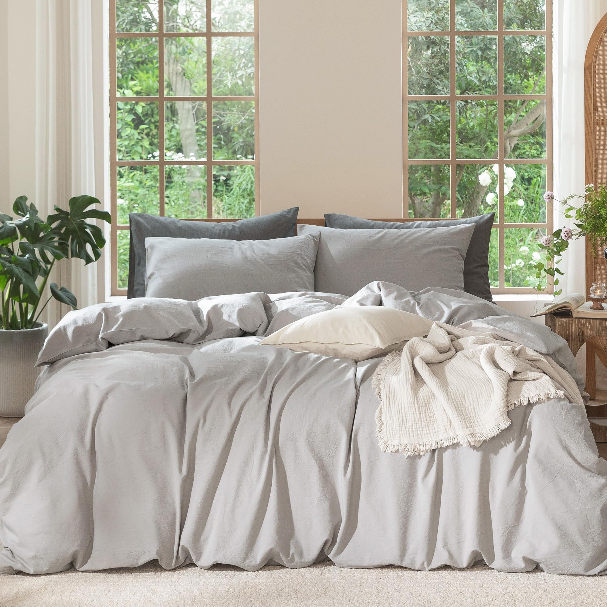 MooMee Bedding Duvet Cover Set 100% Washed Cotton Linen Like Textured Breathable Durable Soft Comfy (Solid Off White, Palatial King/Oversized King 120"x98")