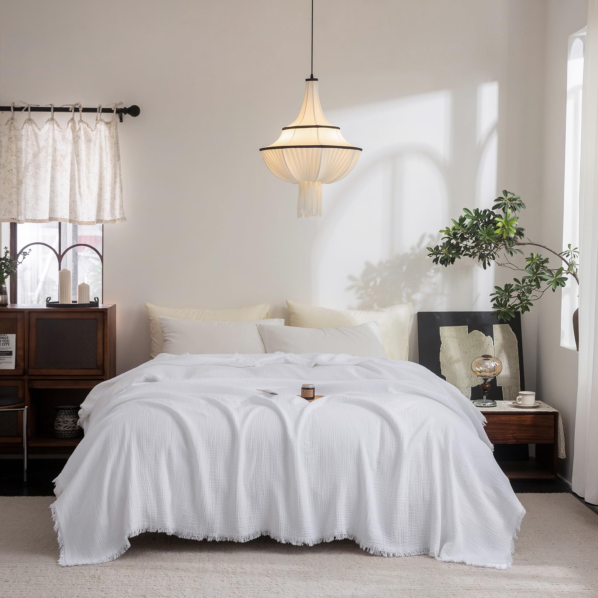Beige Gray Fringe Cotton Muslin Blanket